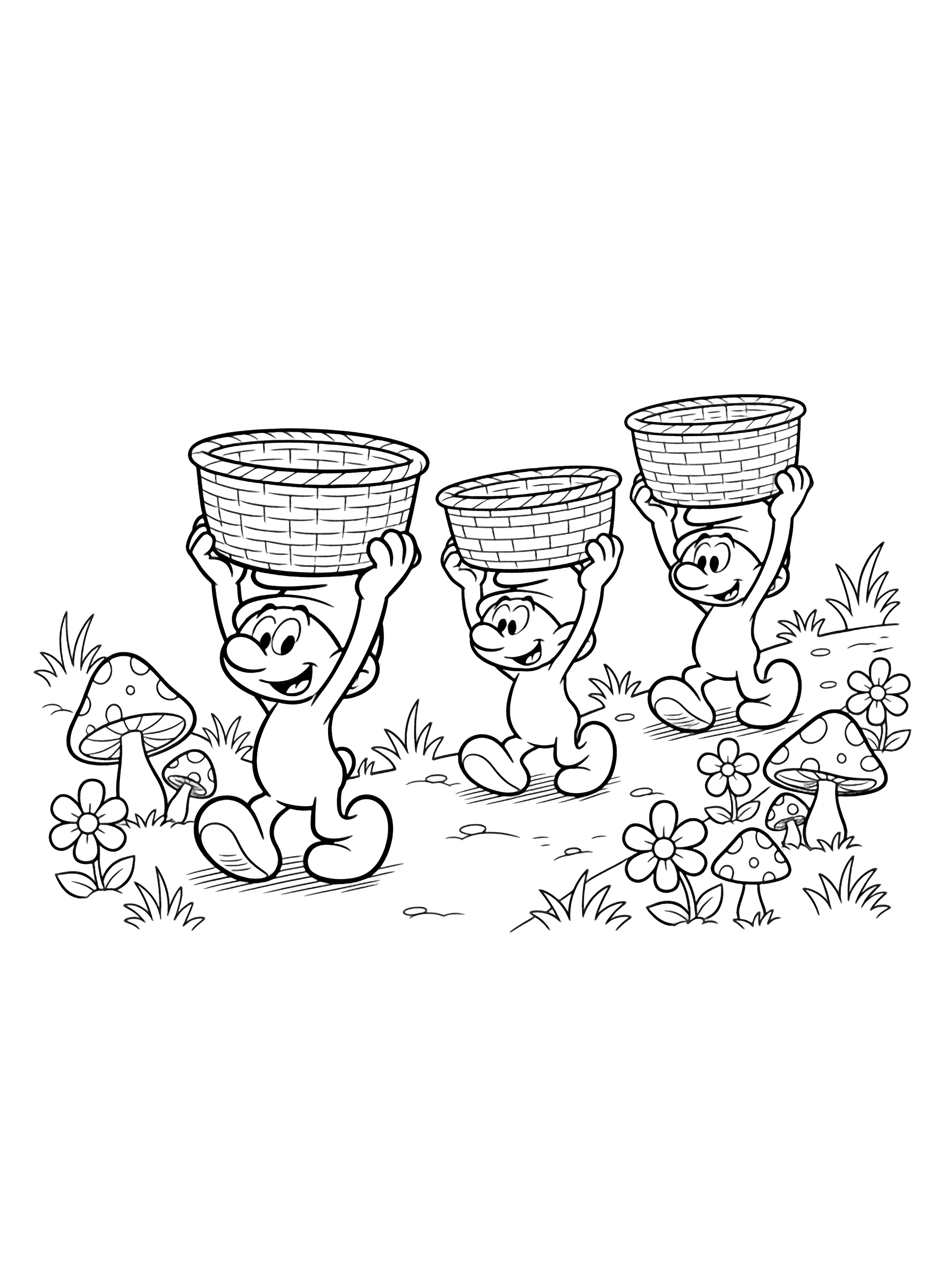 Three cheerful Smurfs march along a winding forest path, each balancing an open basket on their head, surrounded by mushrooms, flowers, and leafy ground shapes. kleurplaat