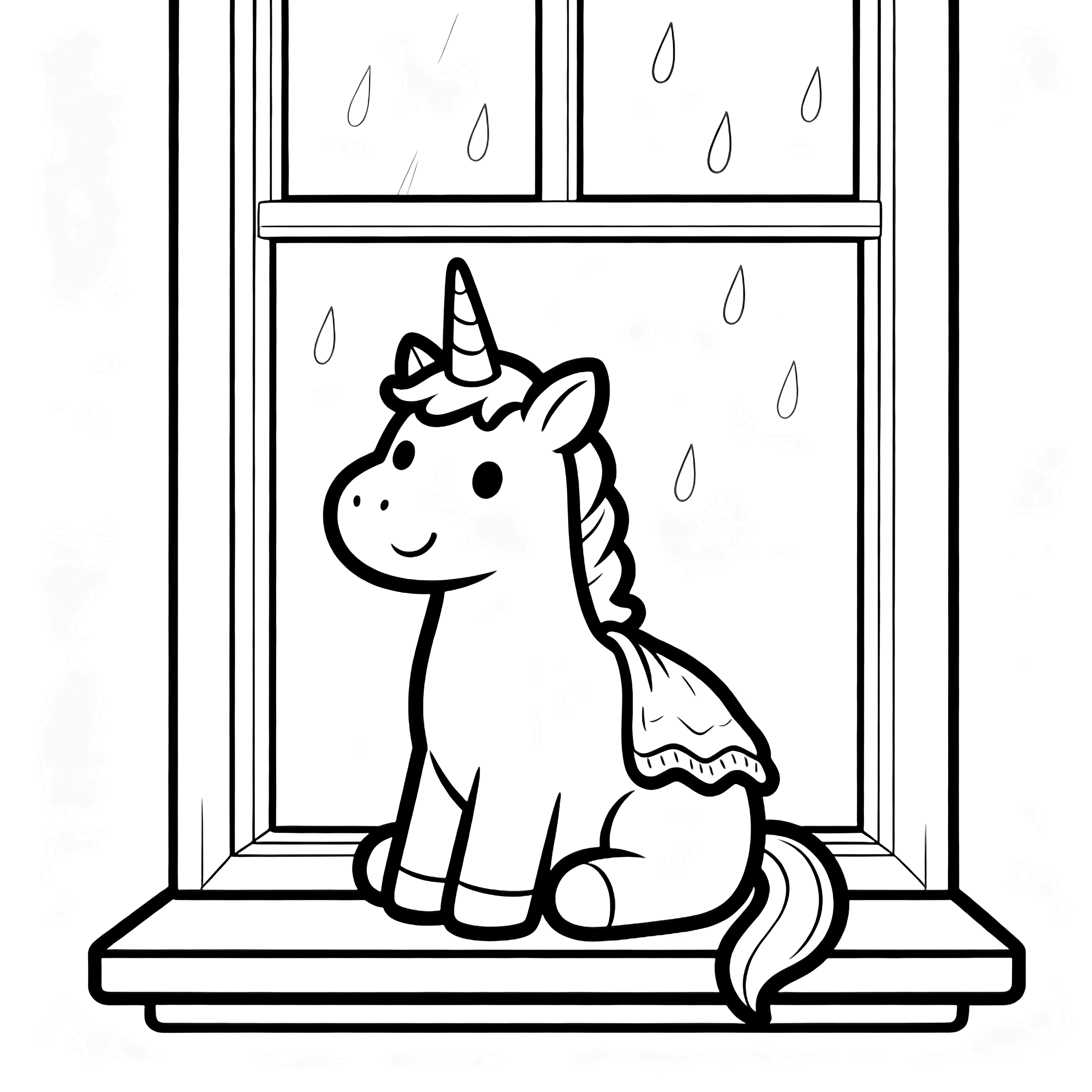 A smiling unicorn sits on a narrow windowsill with a tiny blanket on its back; raindrops fall outside a simple window frame. kleurplaat