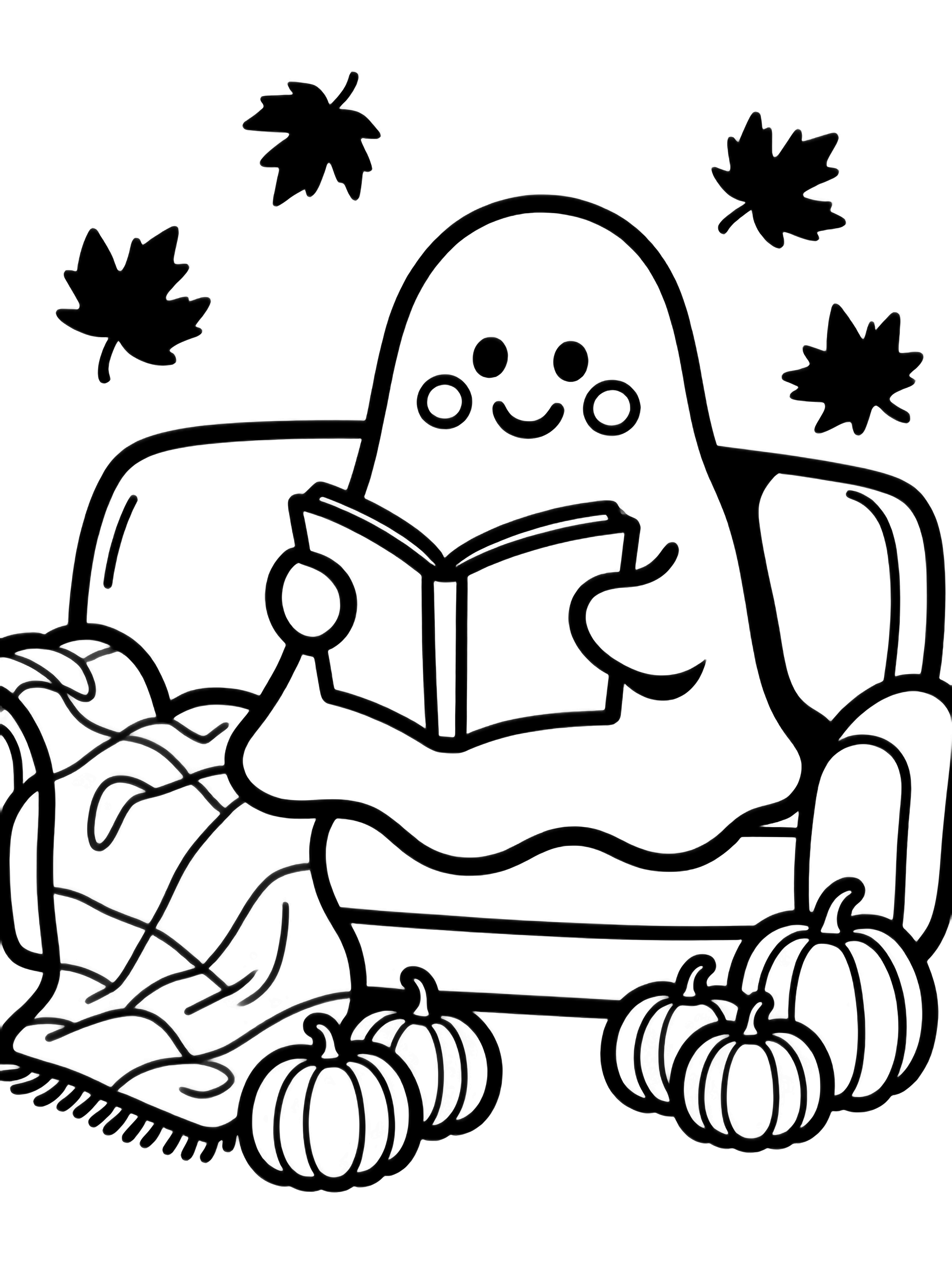 A cheerful ghost with round cheeks sits on a sofa reading, encircled by five pumpkins, a rumpled blanket, and seven drifting maple leaves. kleurplaat