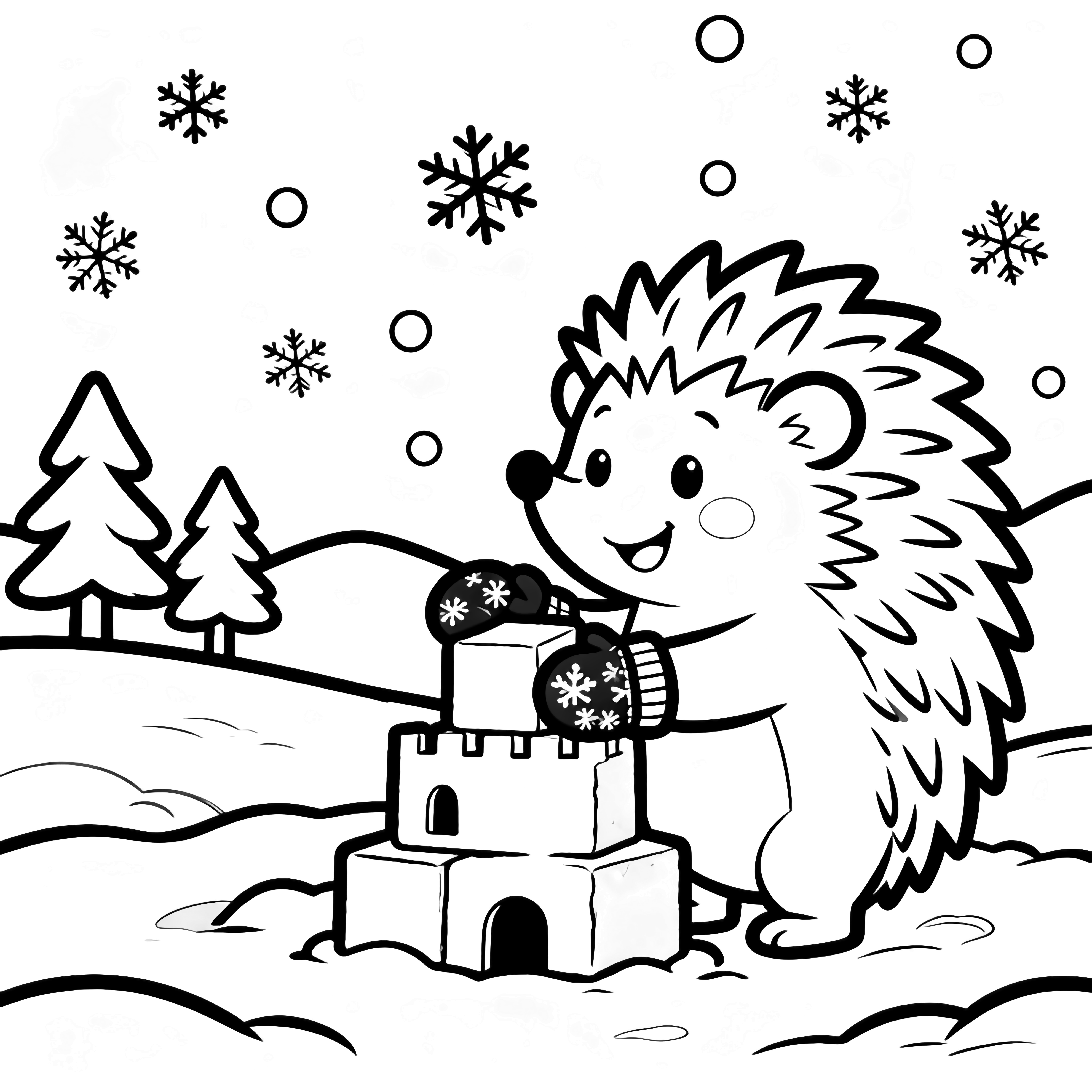 A smiling hedgehog in mittens builds a snow castle; gentle snowflakes drift above simple trees and rolling hills. kleurplaat