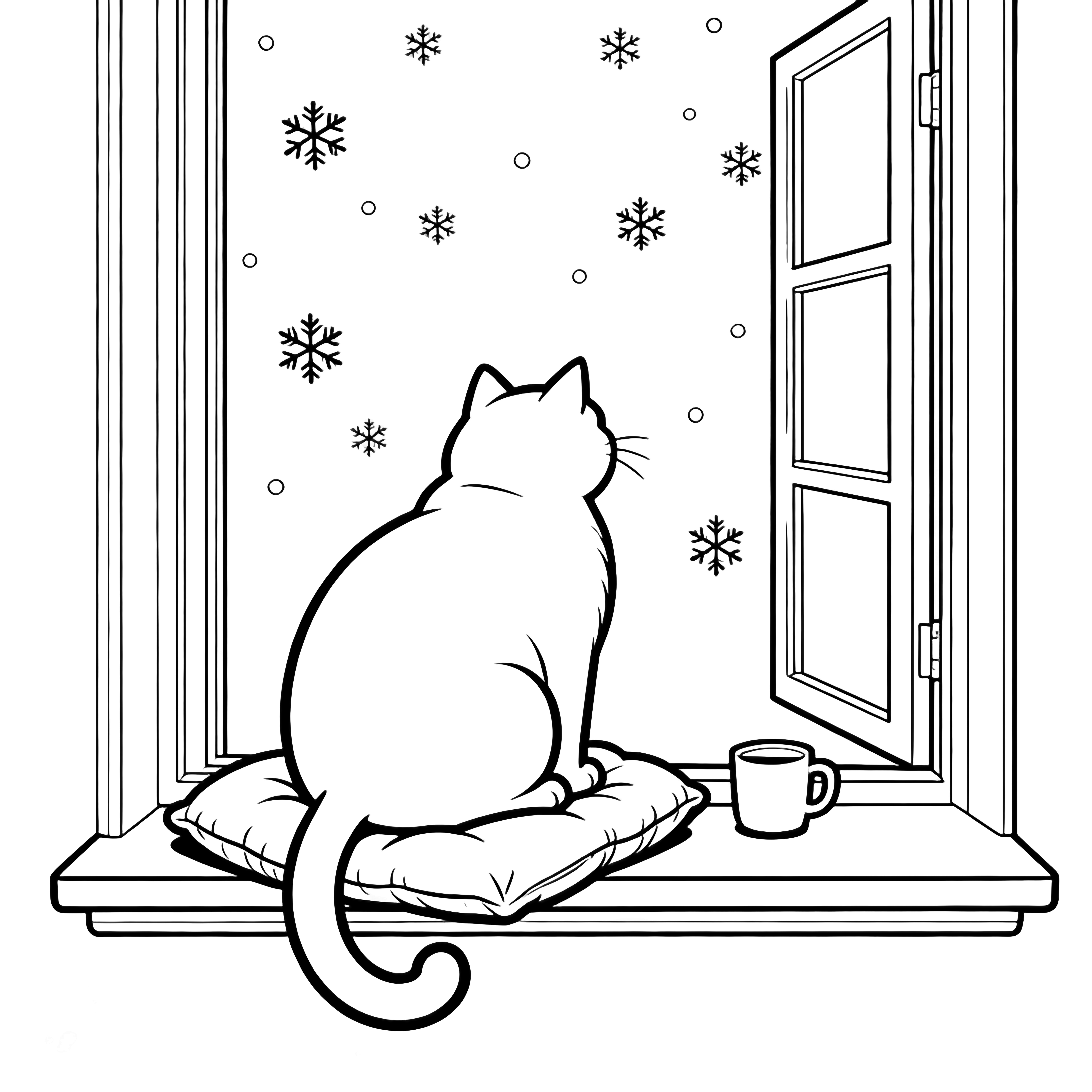 Plump cat on cushioned windowsill, tail curled, watches drifting snowflakes; tiny mug beside it, plain windowpanes behind. kleurplaat