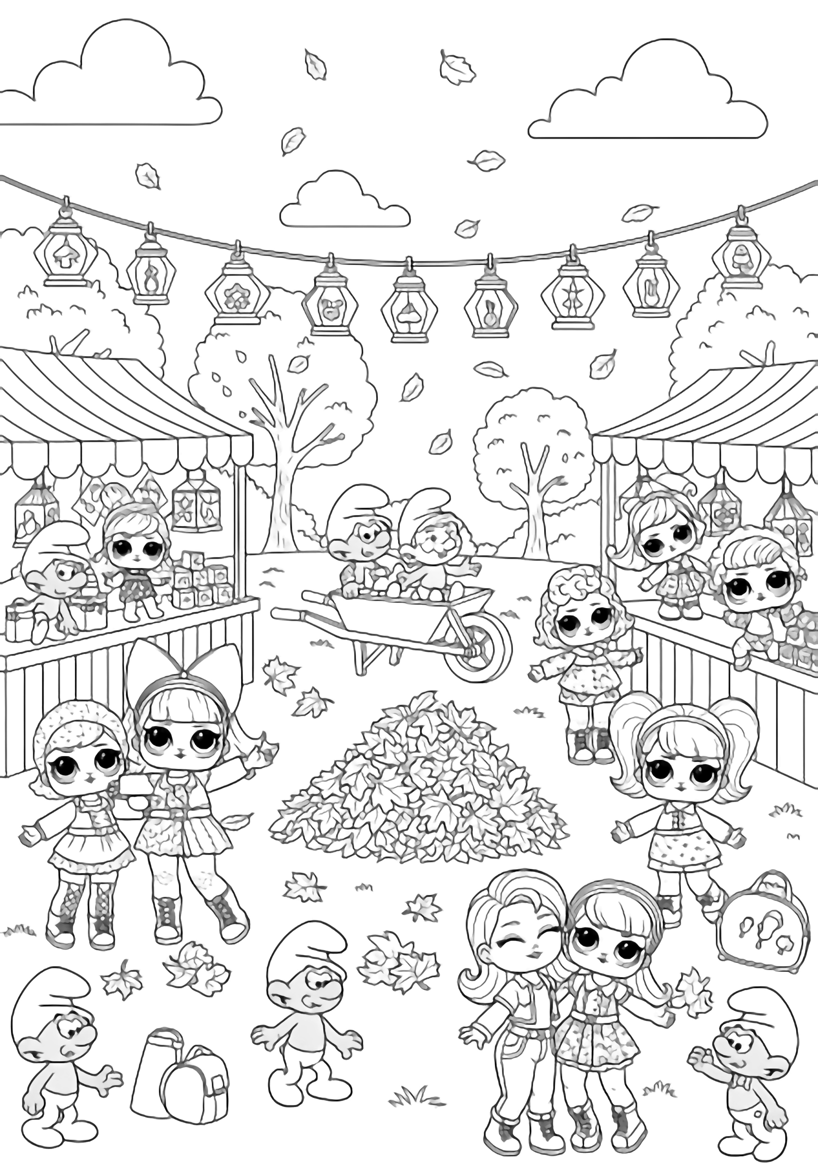 Tiny Smurfs and tall LOL dolls enjoy a fall fair: lanterns overhead, tea counters, wheelbarrow rides, leaf piles, laughing friends in center, simple trees and clouds behind. kleurplaat