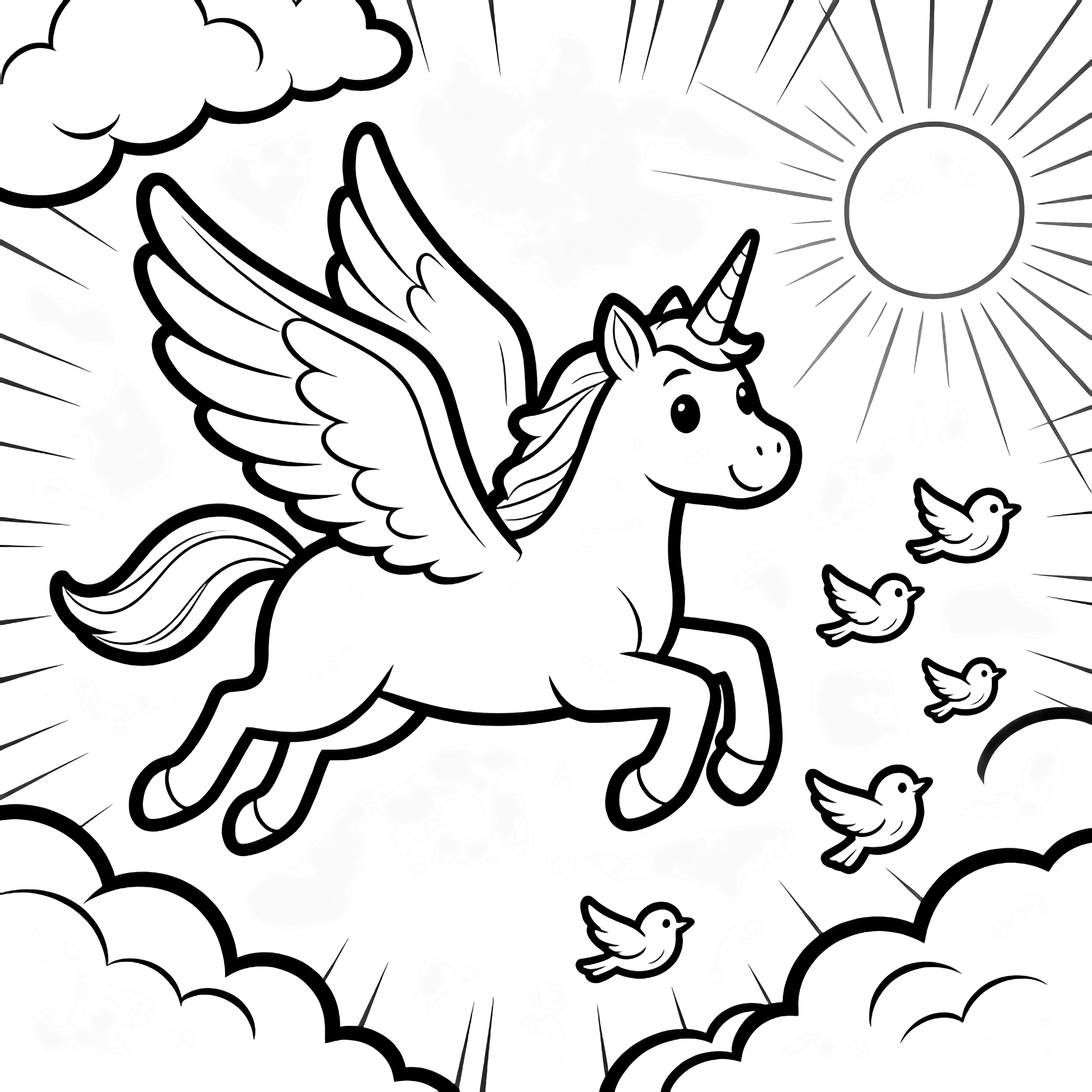 A smiling winged unicorn glides left while five small birds flutter nearby; puffy clouds and radiating sun rays frame the scene. kleurplaat