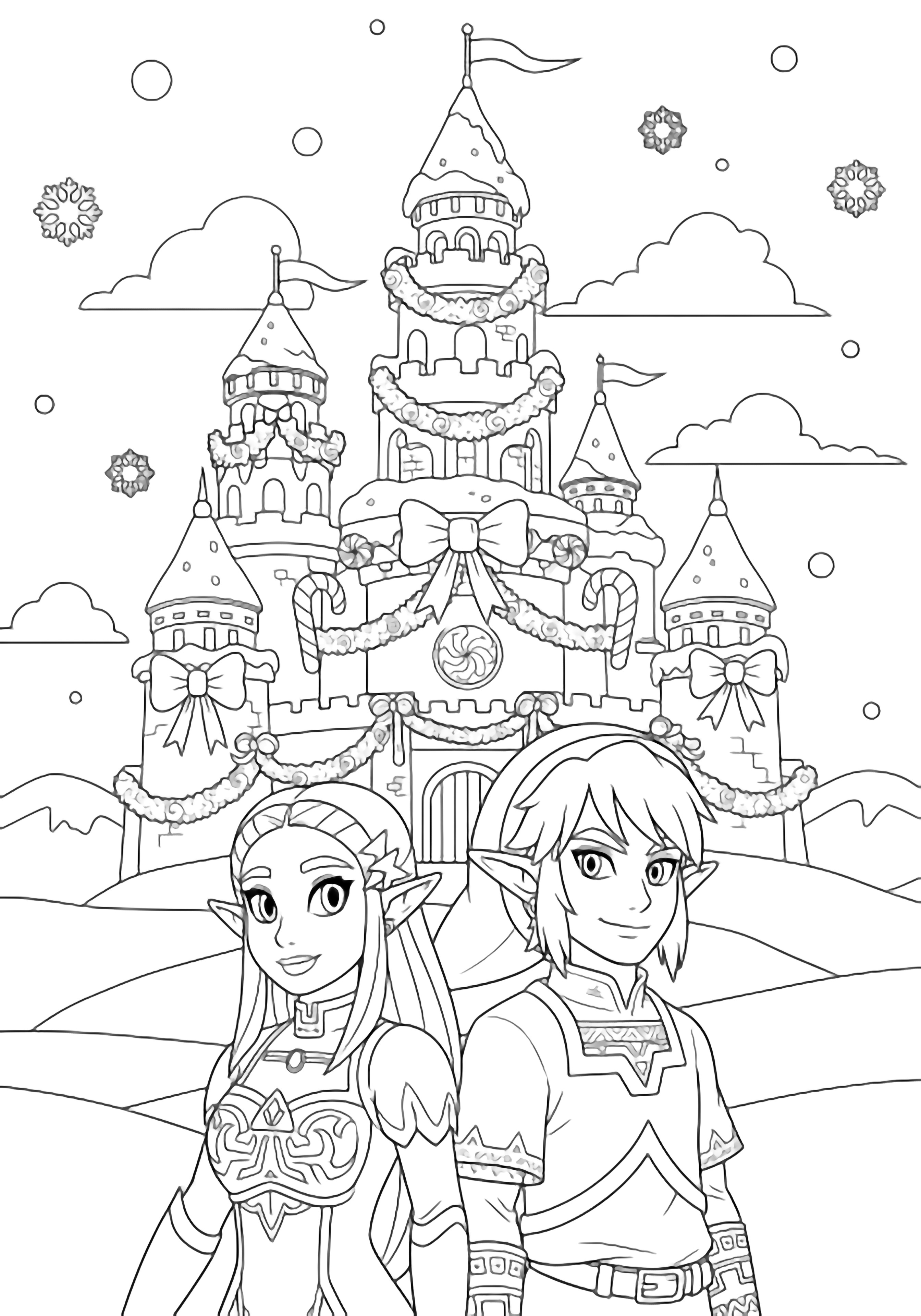 Zelda and Link smile together before a festively garlanded snow-topped castle, gentle hills and drifting snowflakes surrounding them. kleurplaat
