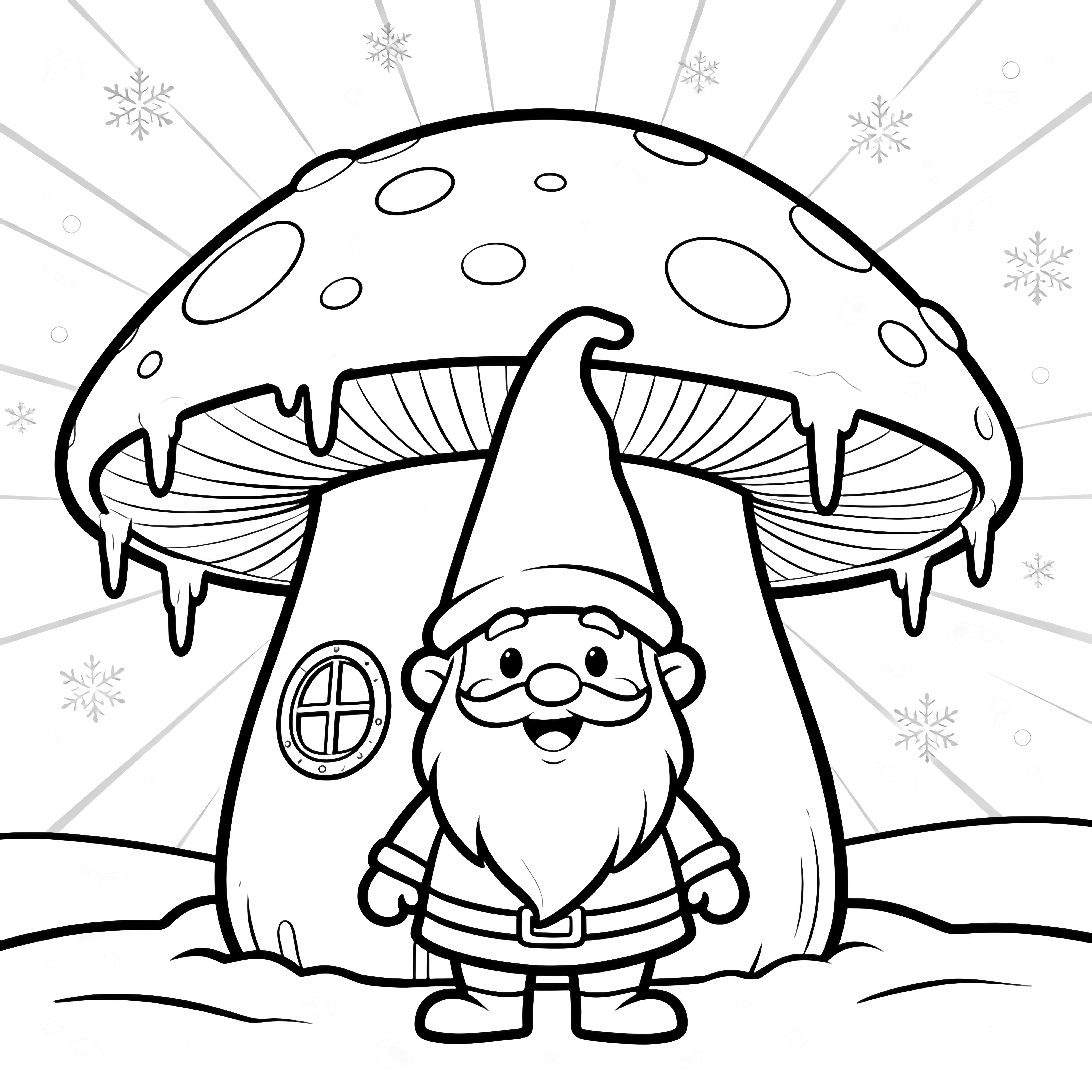 Cheerful gnome in floppy hat stands before a round-capped mushroom cottage; icicles drip from roof, rays shine from tiny window, snowflakes drift above ground. kleurplaat