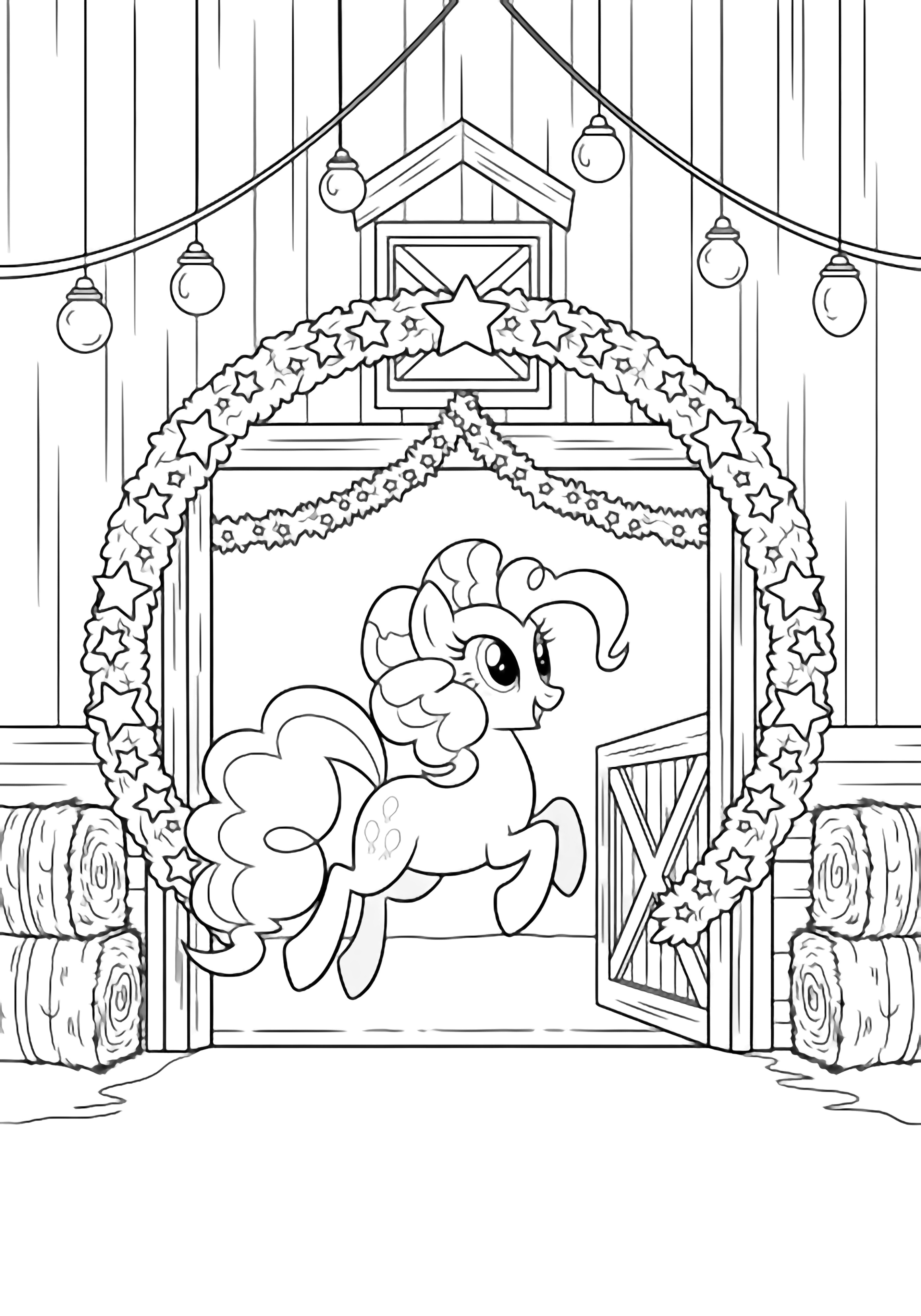 Pinkie Pie leaps through a barn doorway, mane bouncing, framed by garlands, stars, a wreath, hay bales, and hanging lights. kleurplaat
