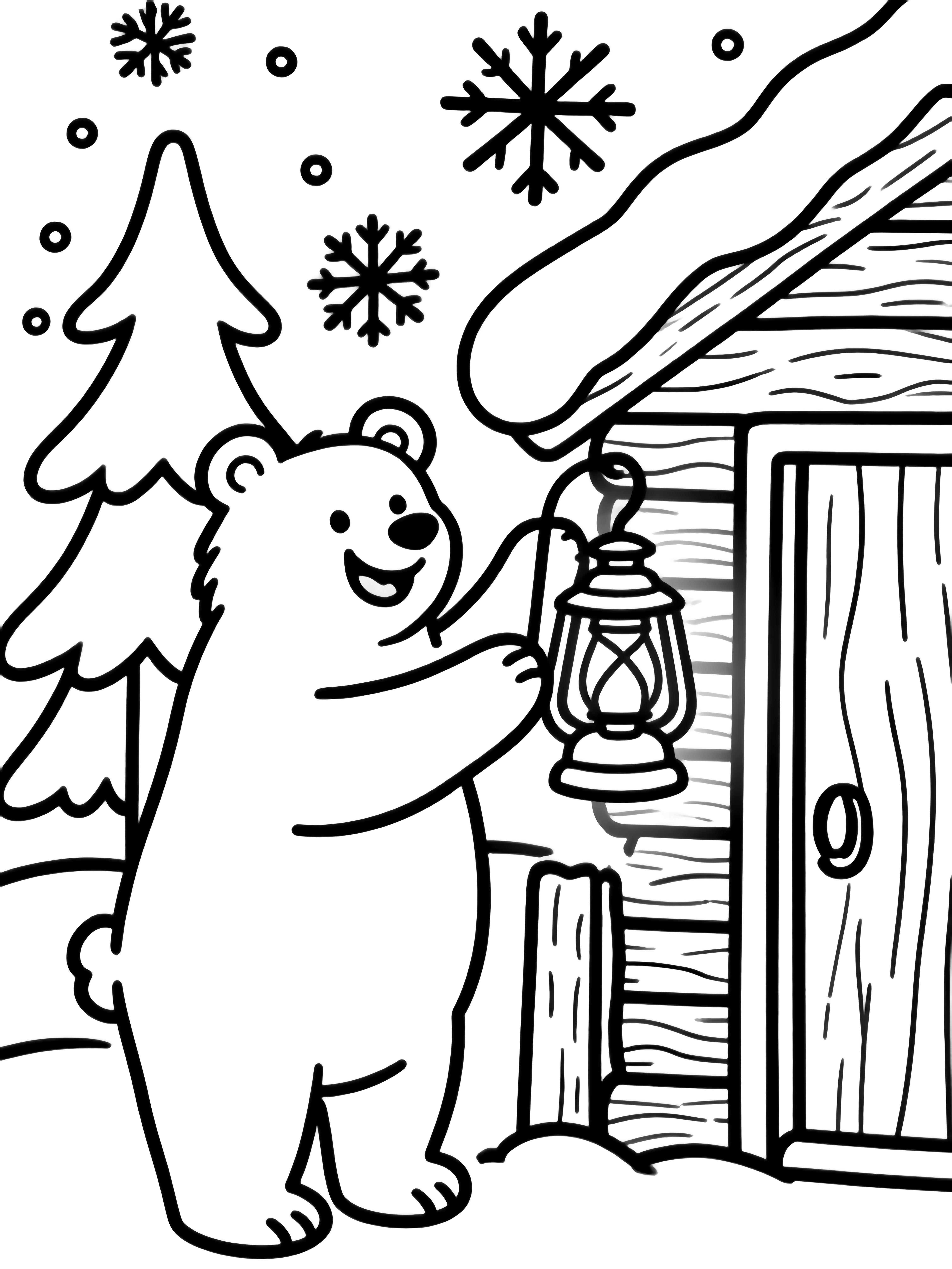 A cheerful bear on hind legs lights a lantern by a log cabin door, framed by simple pines and drifting snowflakes. kleurplaat