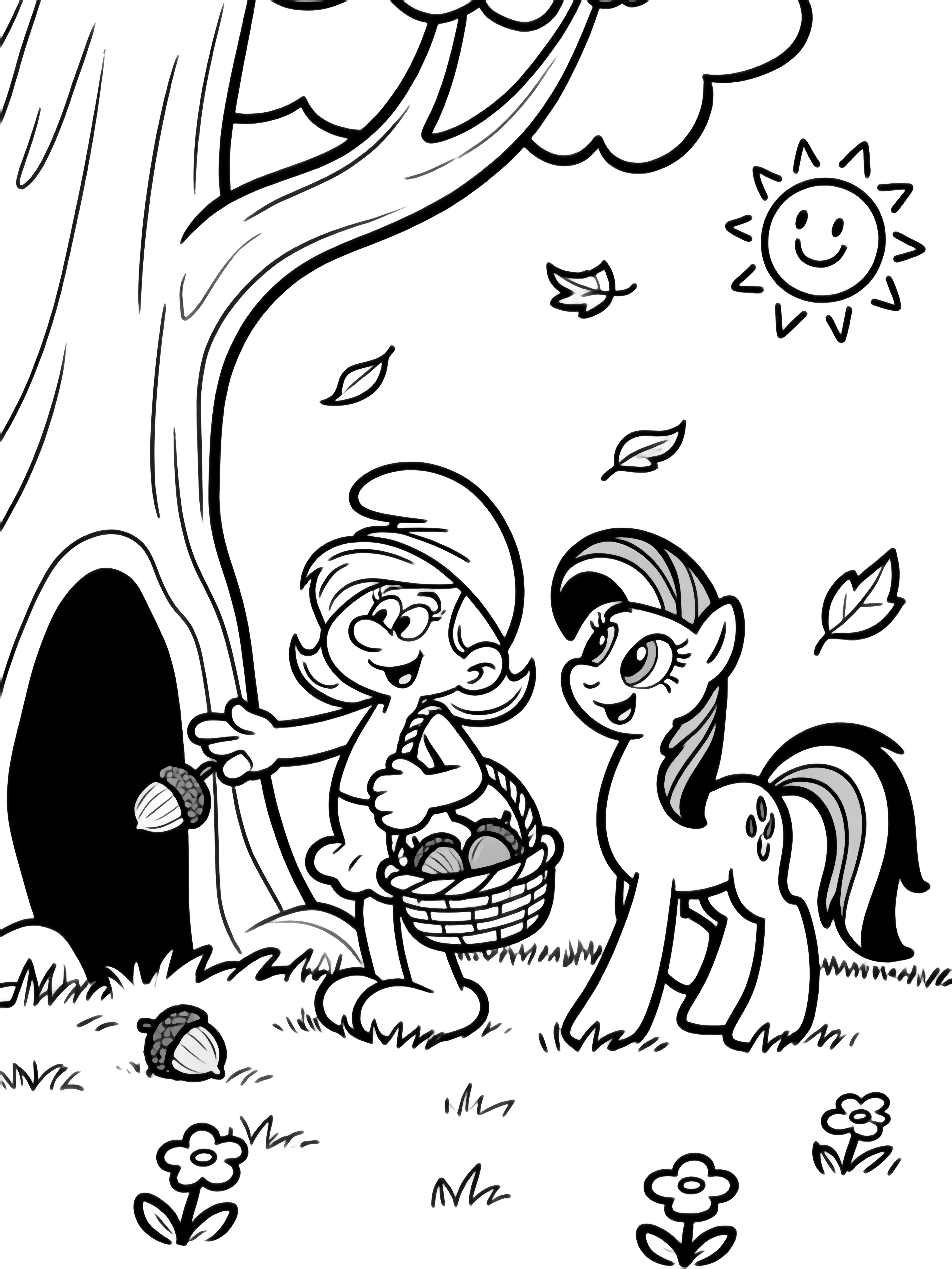 Smurfette and Fluttershy, baskets over their shoulders, gather acorns under a hollow tree while grass, tiny flowers, drifting leaves and a smiling sun surround them. kleurplaat