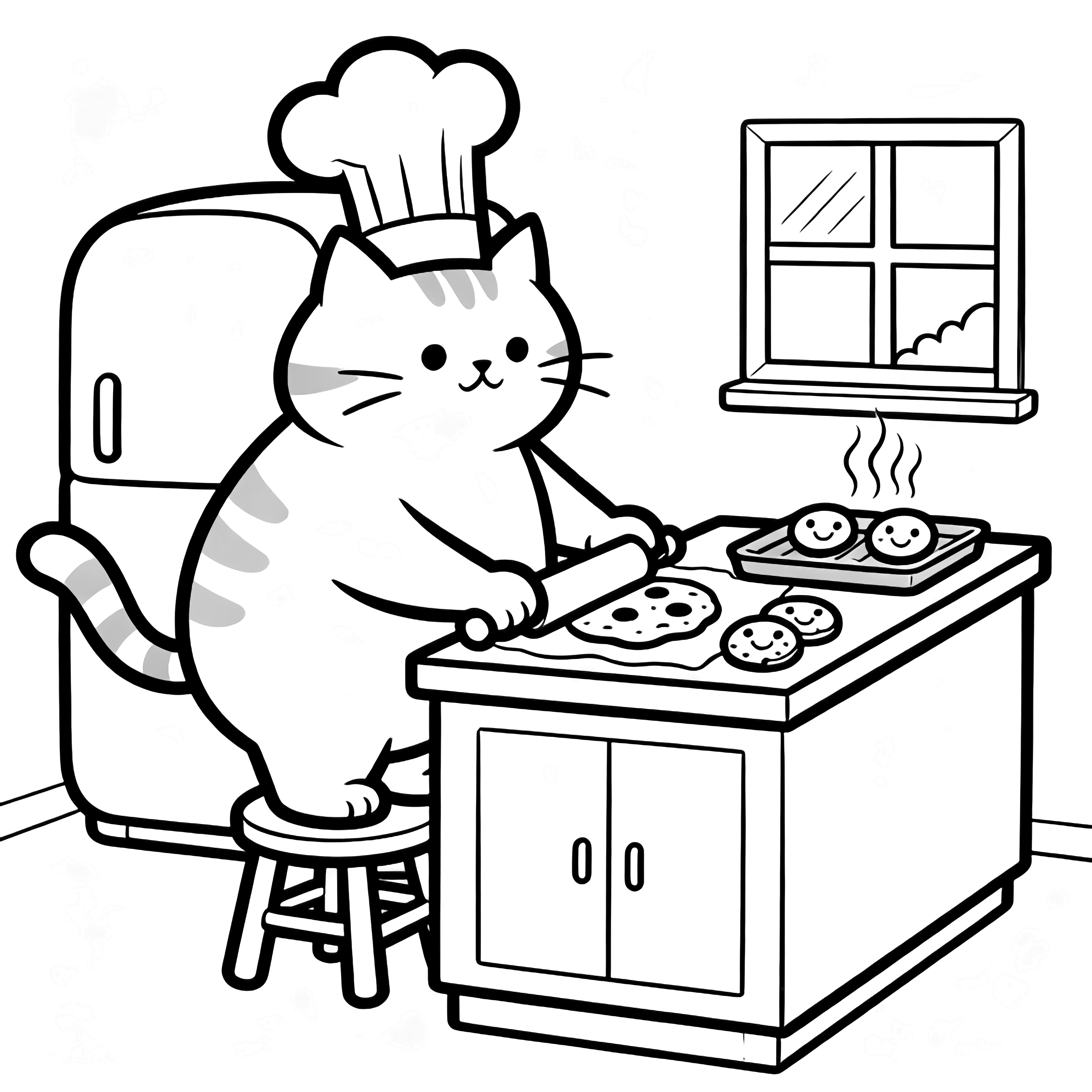 Plump cat in chef's hat on stool rolling cookie dough at counter; tiny kitchen with rounded fridge, window, steaming tray, smiling cookie shapes. kleurplaat
