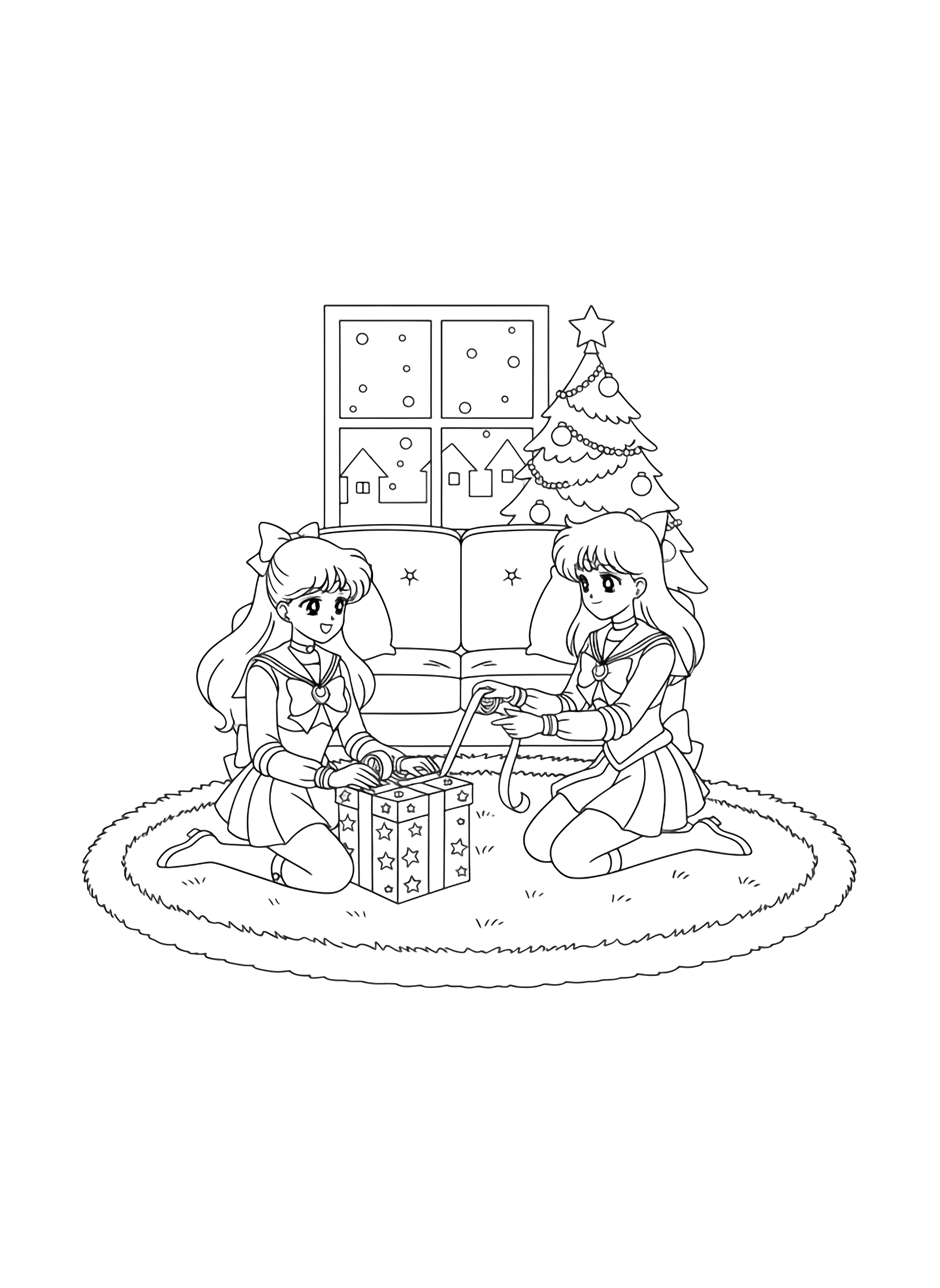 Sailor Venus sits cross-legged on a fluffy rug holding tape across a gift box while Sailor Jupiter kneels beside her offering a ribbon; behind them a couch, tiny tree, and snowflake window. kleurplaat