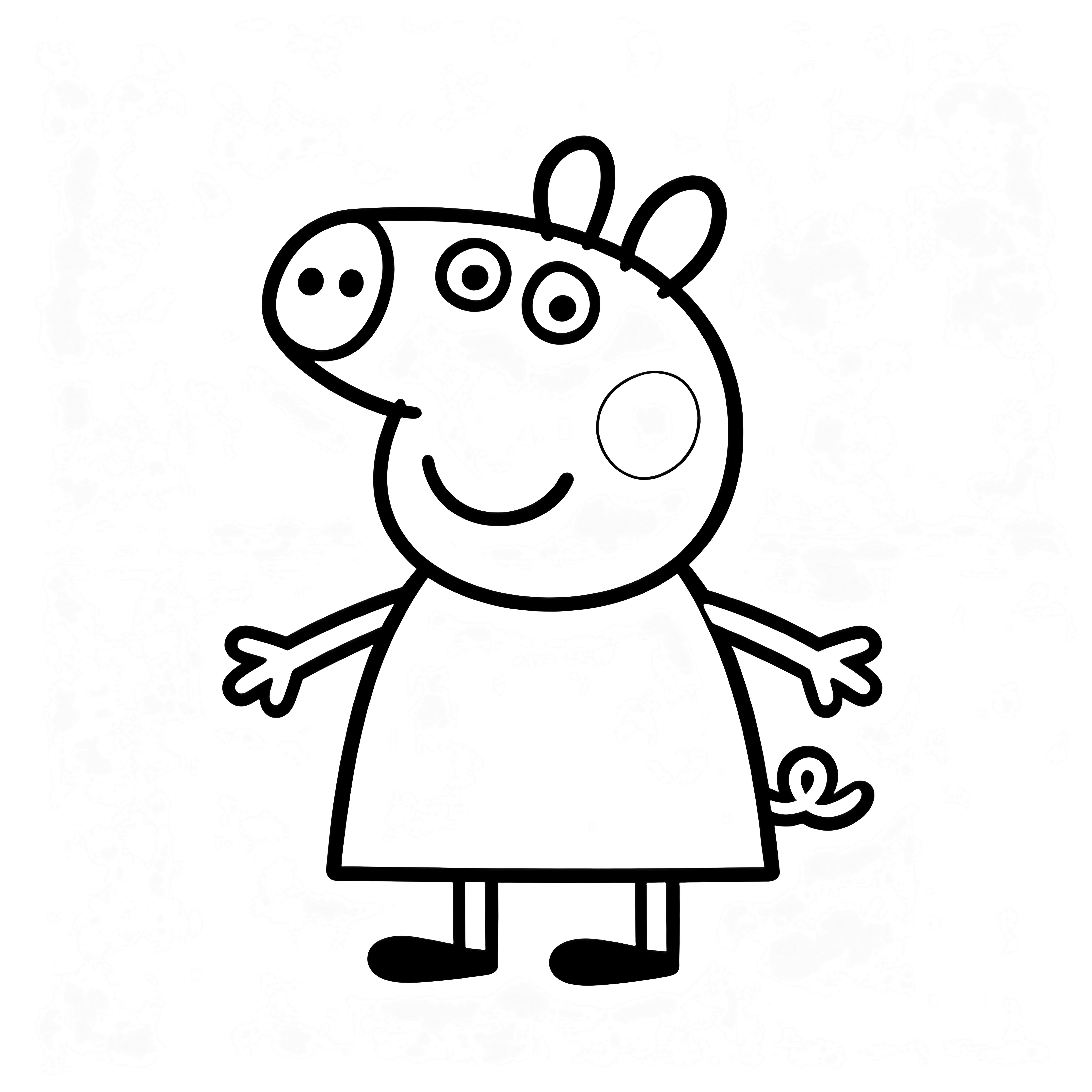 Peppa Pig stands centered, smiling, arms open, wearing her dress and shoes. kleurplaat