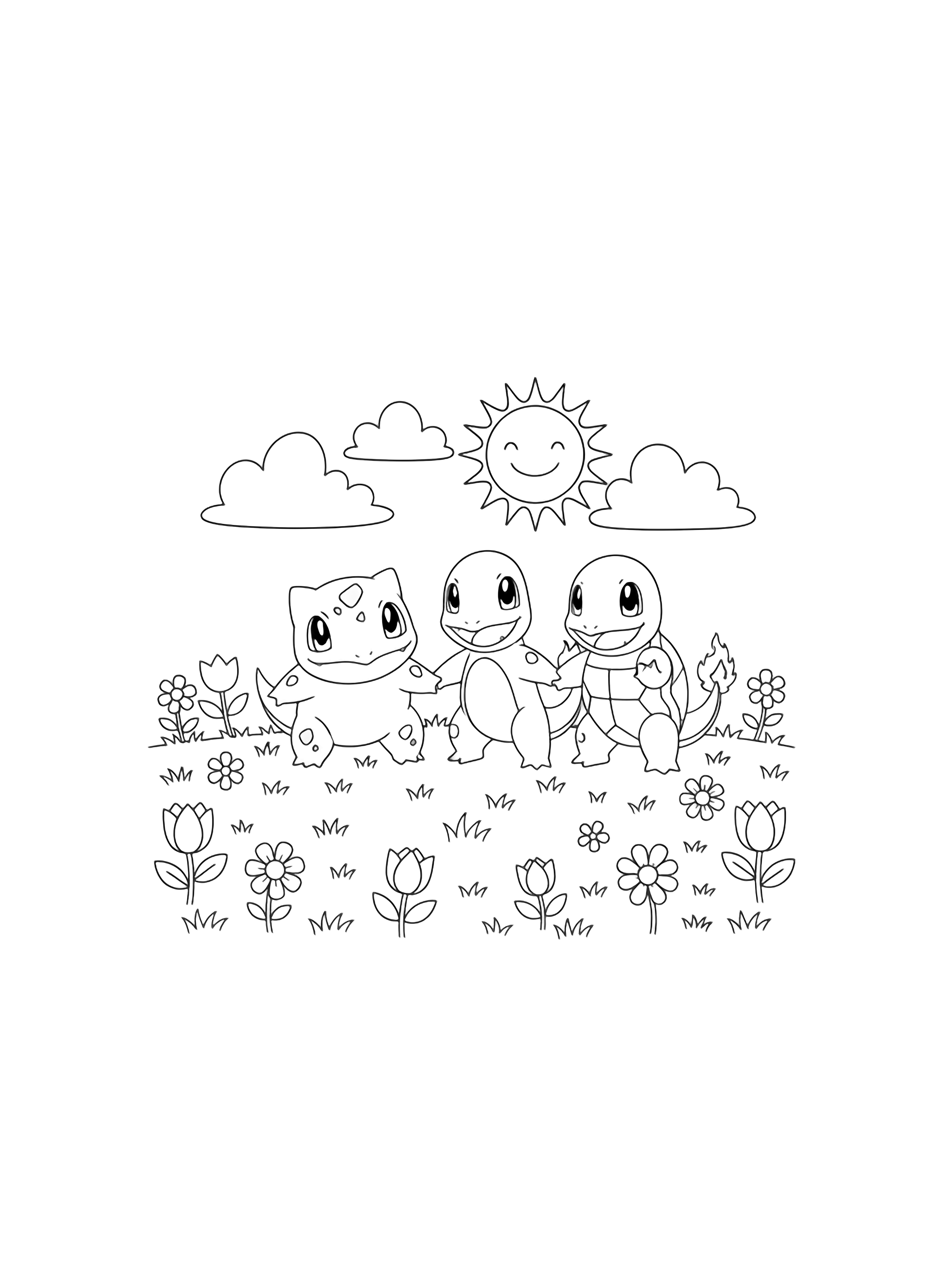 Bulbasaur, Charmander, and Squirtle hold paws and tails, smiling in a grassy field with flowers, fluffy clouds, and a cheerful sun above. kleurplaat