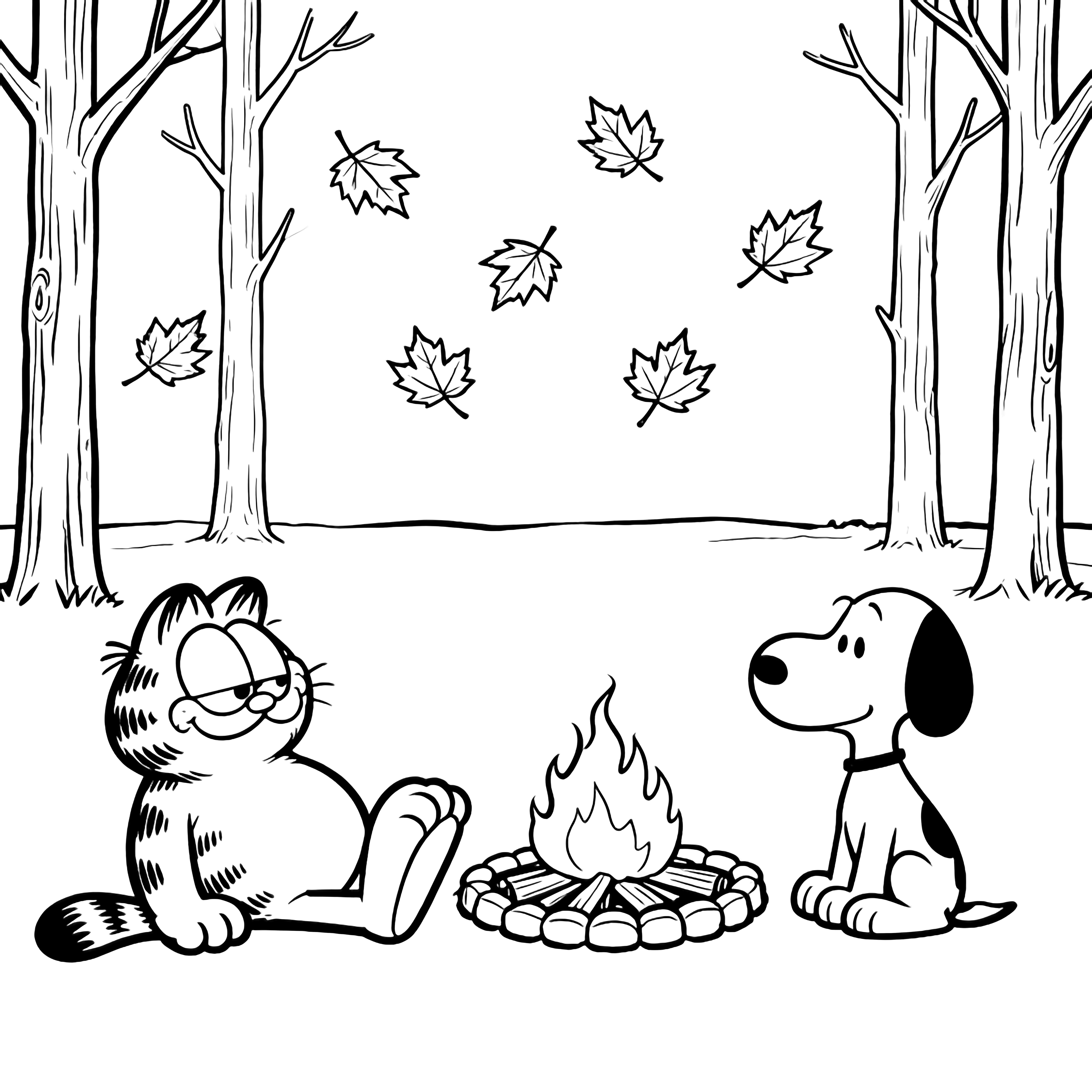 Garfield lounges left, Odie sits right, both watching a small campfire; seven maple leaves drift among bare tree trunks on a horizon. kleurplaat
