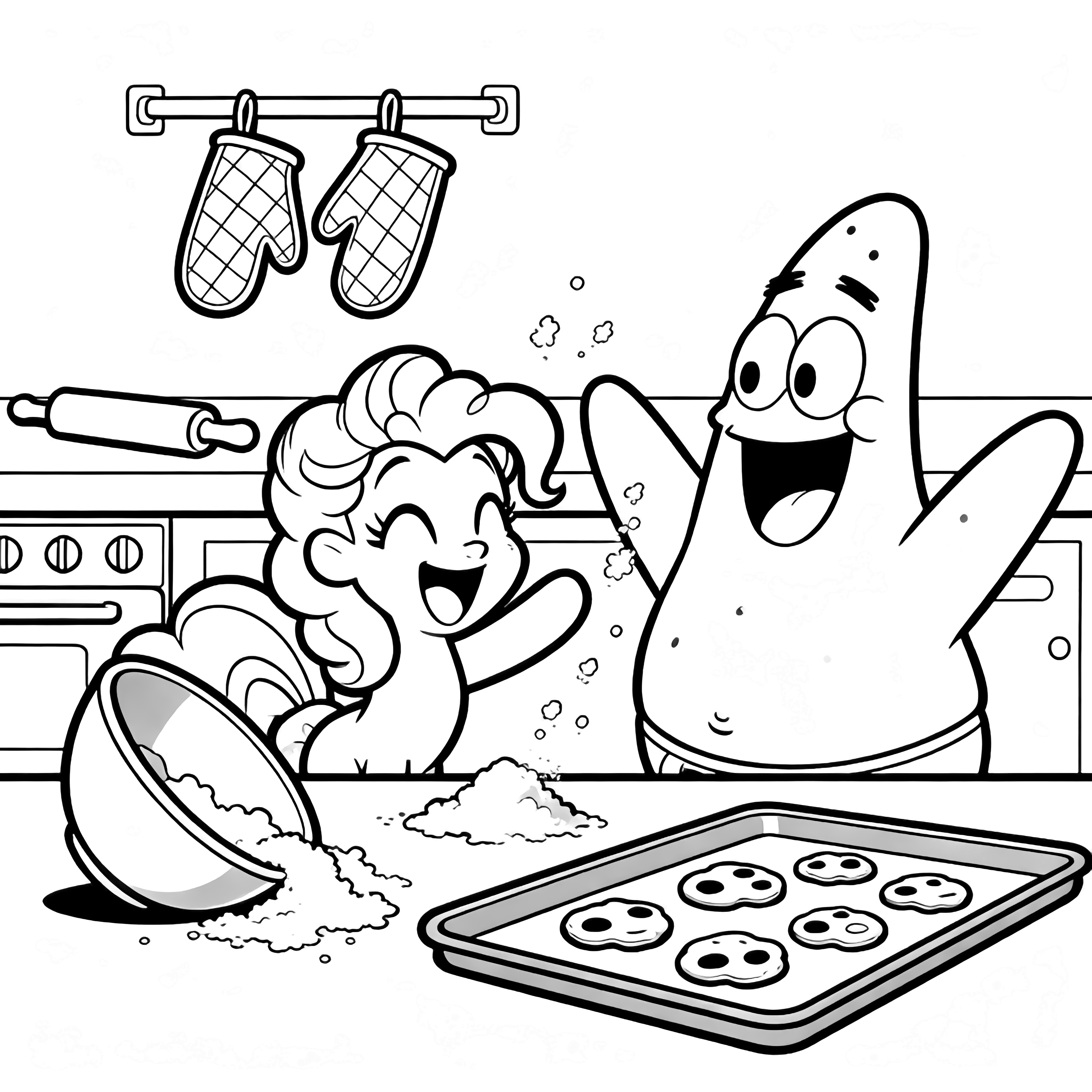 Pinkie Pie and Patrick laugh in a flour-sprinkled kitchen, an overturned bowl and cookie sheet airborne, mitts and rolling pin on the counter behind them. kleurplaat