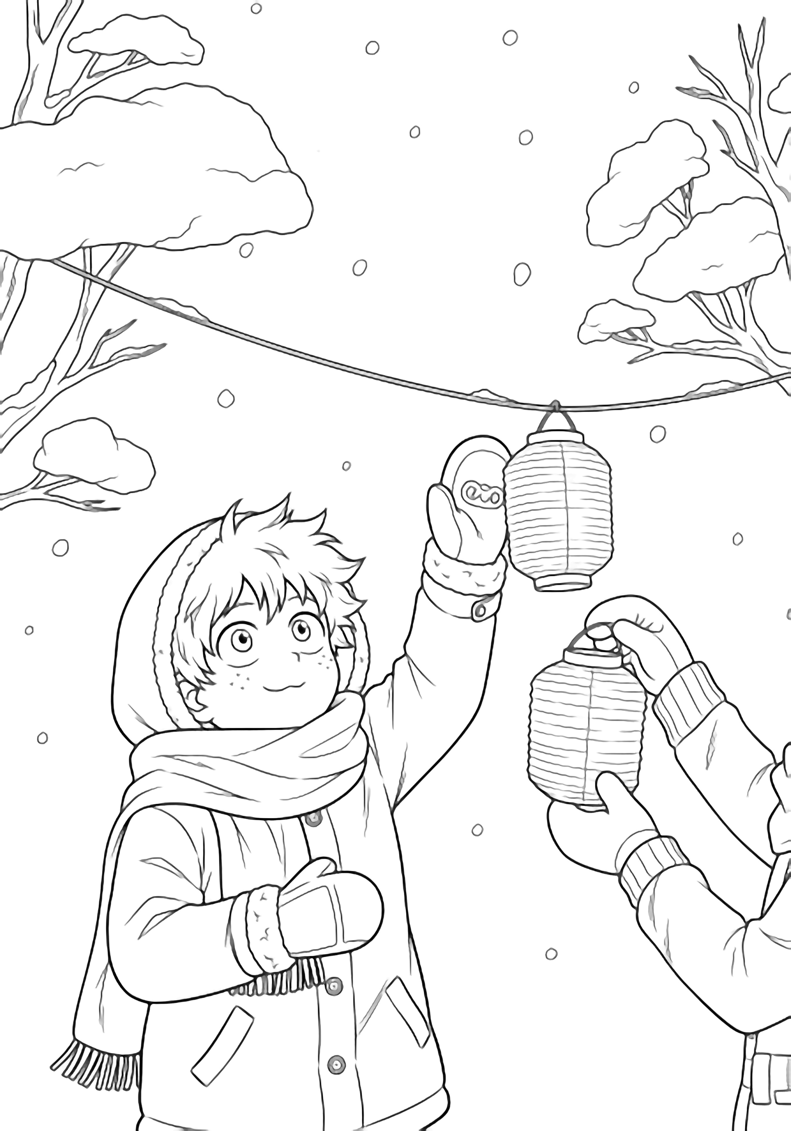 Deku, bundled in coat and scarf, hangs a paper lantern between snow-dusted pines; a friend offers the next lantern while soft snow drifts down. kleurplaat