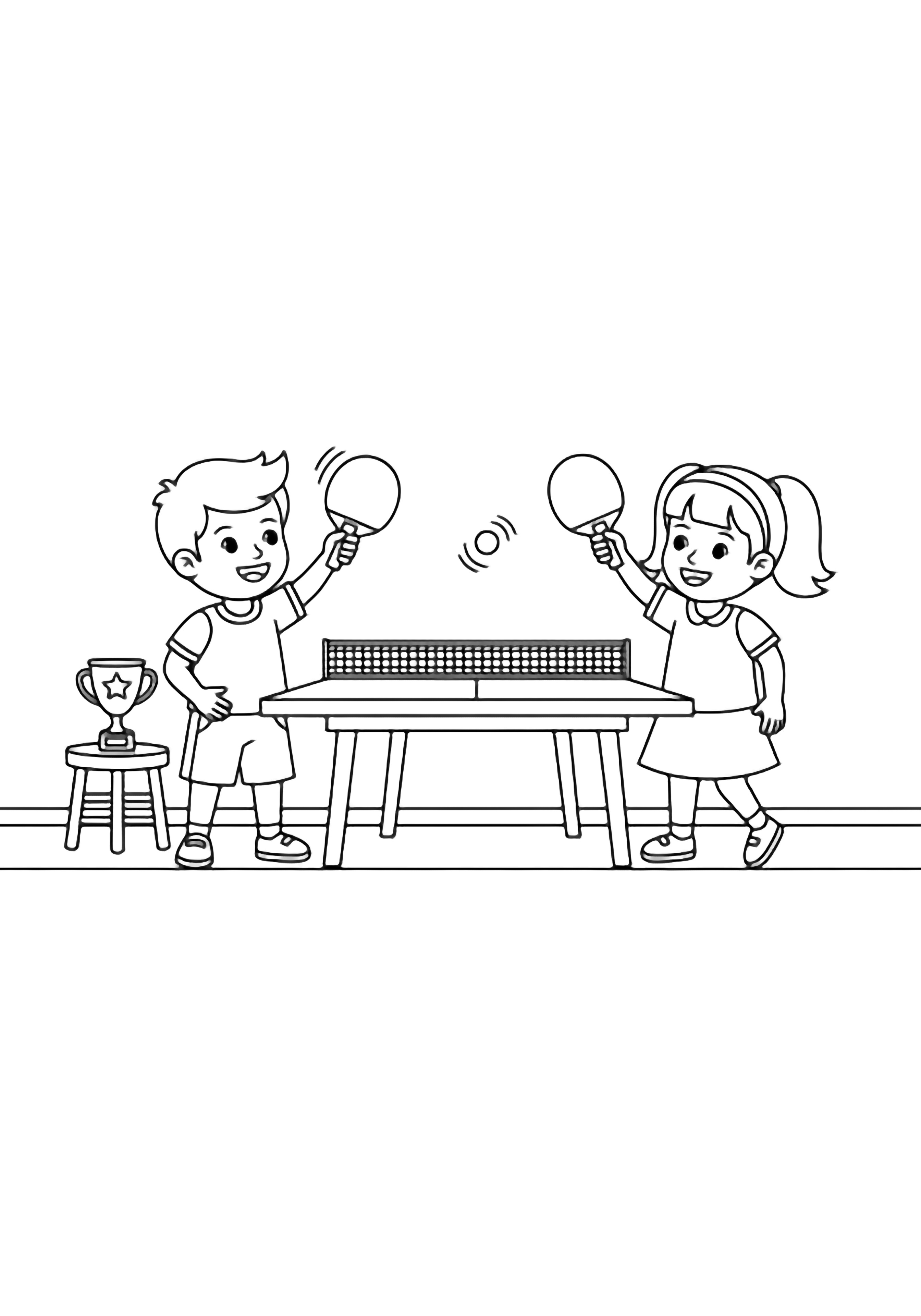 Two smiling kids at a mini ping-pong table, paddles up, ball mid-bounce, tiny trophy on stool kleurplaat