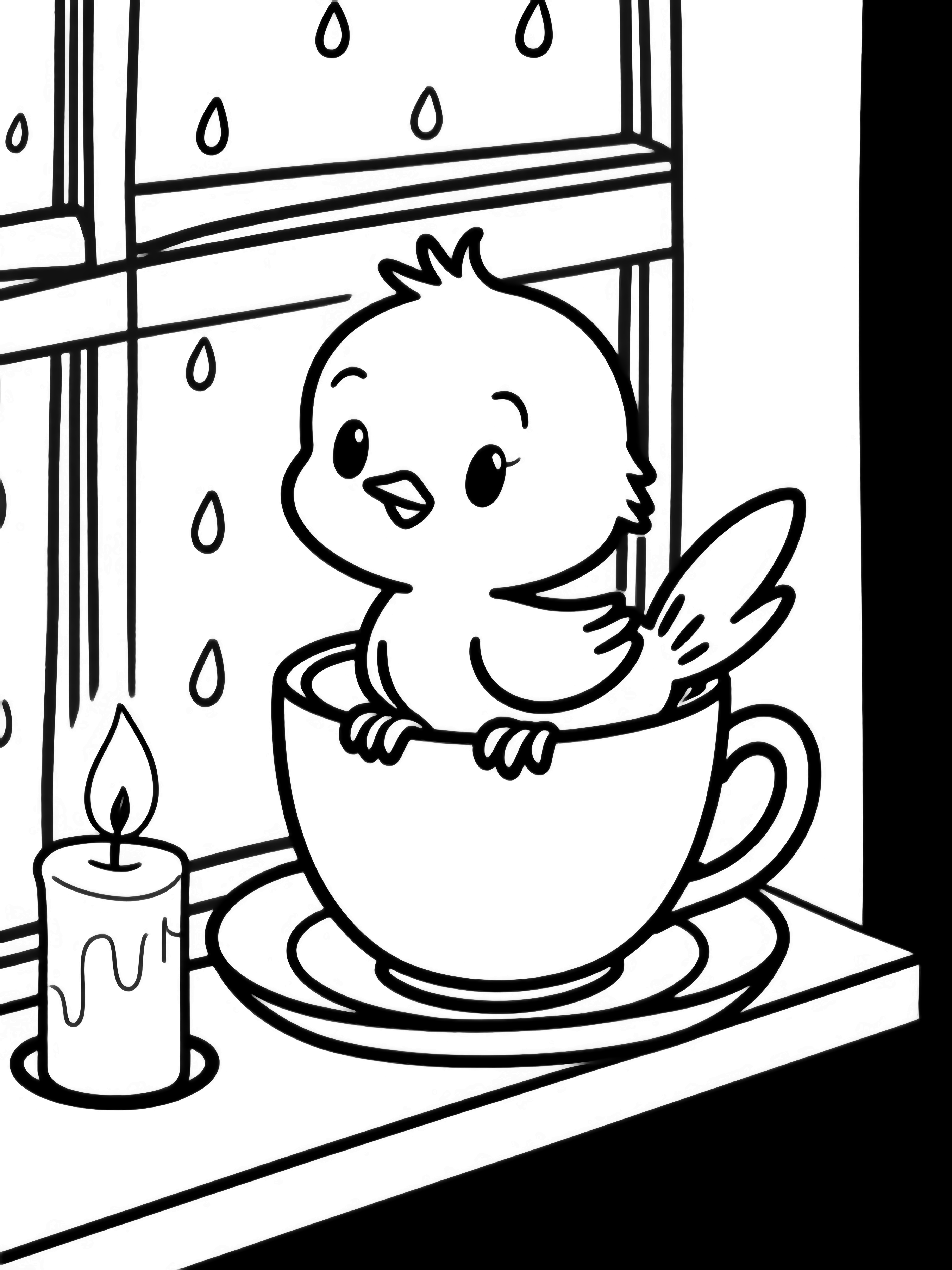 Tweety perched in a big teacup on a narrow sill, raindrops on the window, one small candle beside. kleurplaat