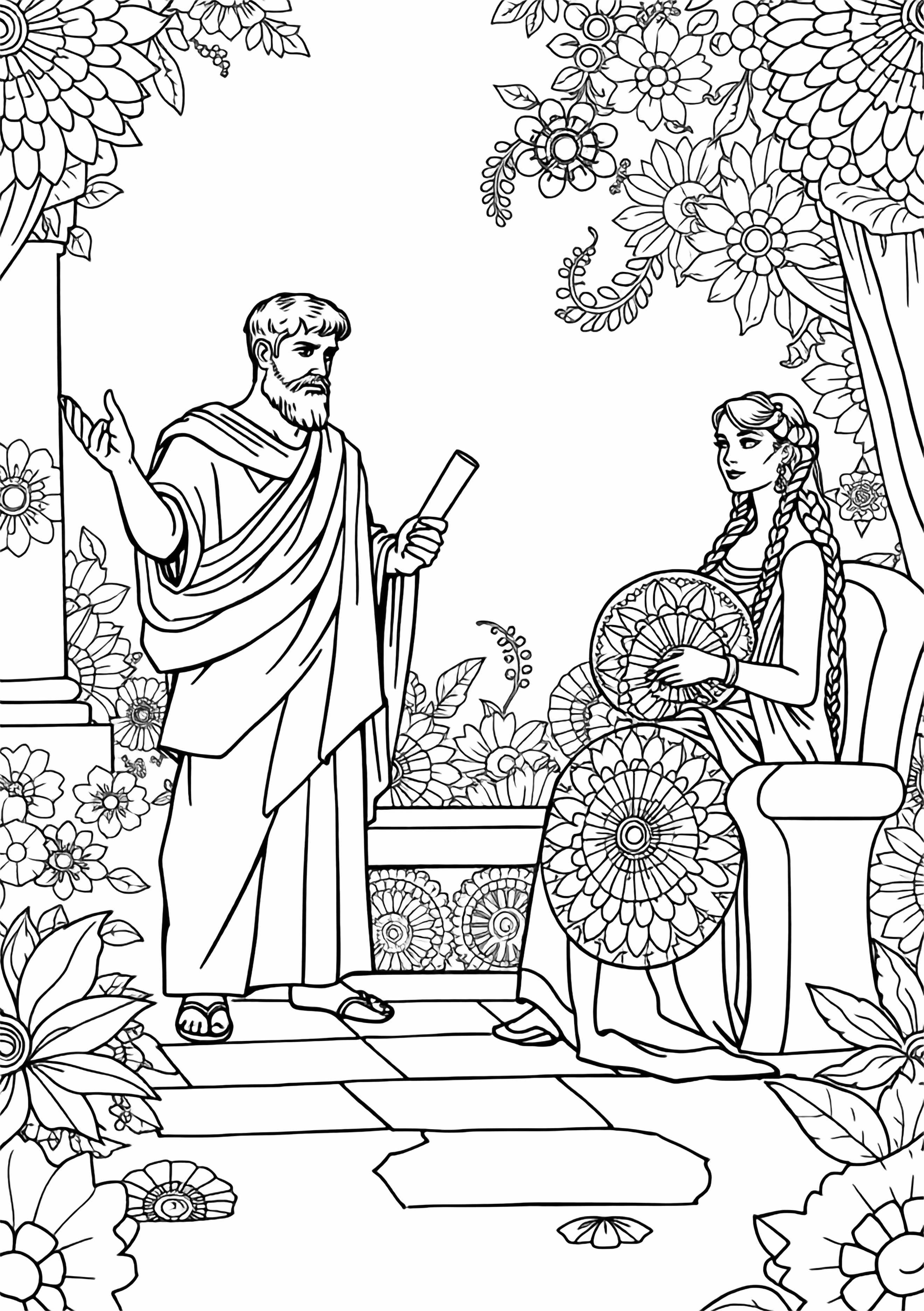 A black and white page of Roman citizens in a peaceful garden of mandala patterns Two Roman senators in flowing togas stand beside a marble bench one gesturing gracefully while the other holds a scroll A Roman lady with braided hair sits nearby on a stone chair holding a fan of intricate mandala designs clean black and white line drawing minimal shading no colour no fill kleurplaat