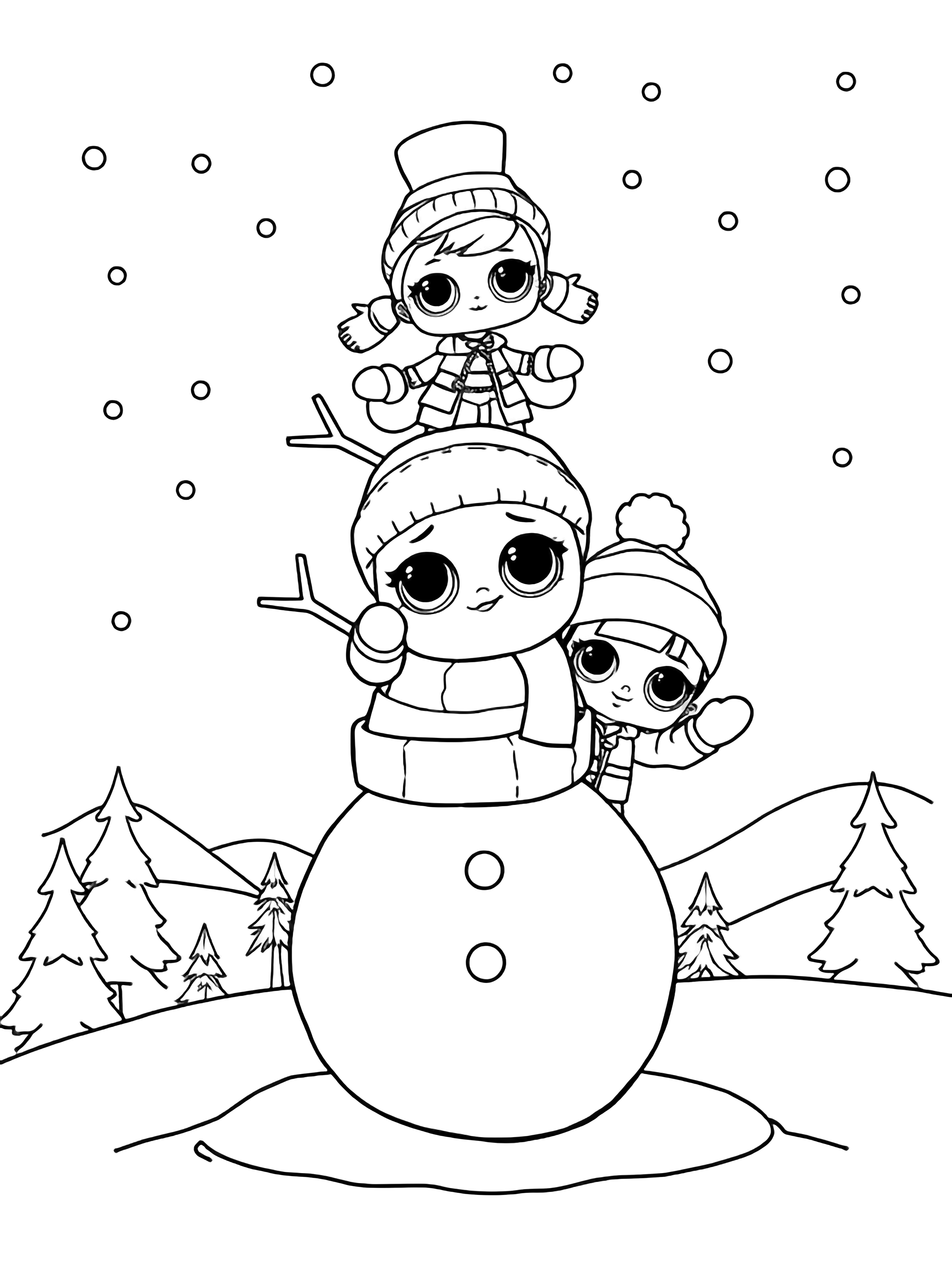 illustration on a Three LOL Surprise dolls stack a snowman; tallest doll adds stick arms while two others hold top hats and mittens; fluffy coats beanies mittens outlined; light snowflakes drift above simple rolling hills evergreen silhouettes frame background bold black outlines on white page ready to color clean black kleurplaat