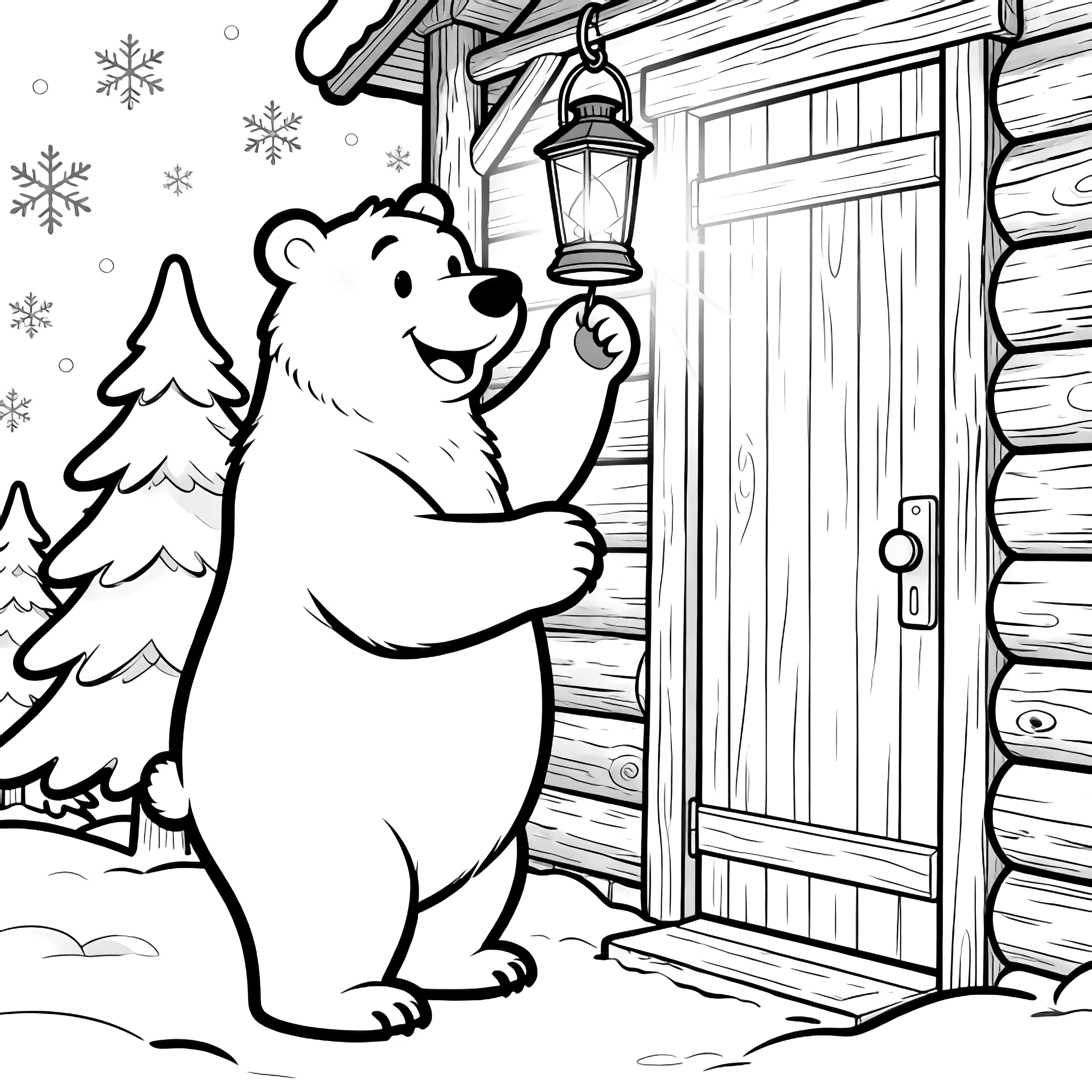 A cheerful bear on hind legs lights a lantern by a log cabin door, framed by simple pines and drifting snowflakes. kleurplaat