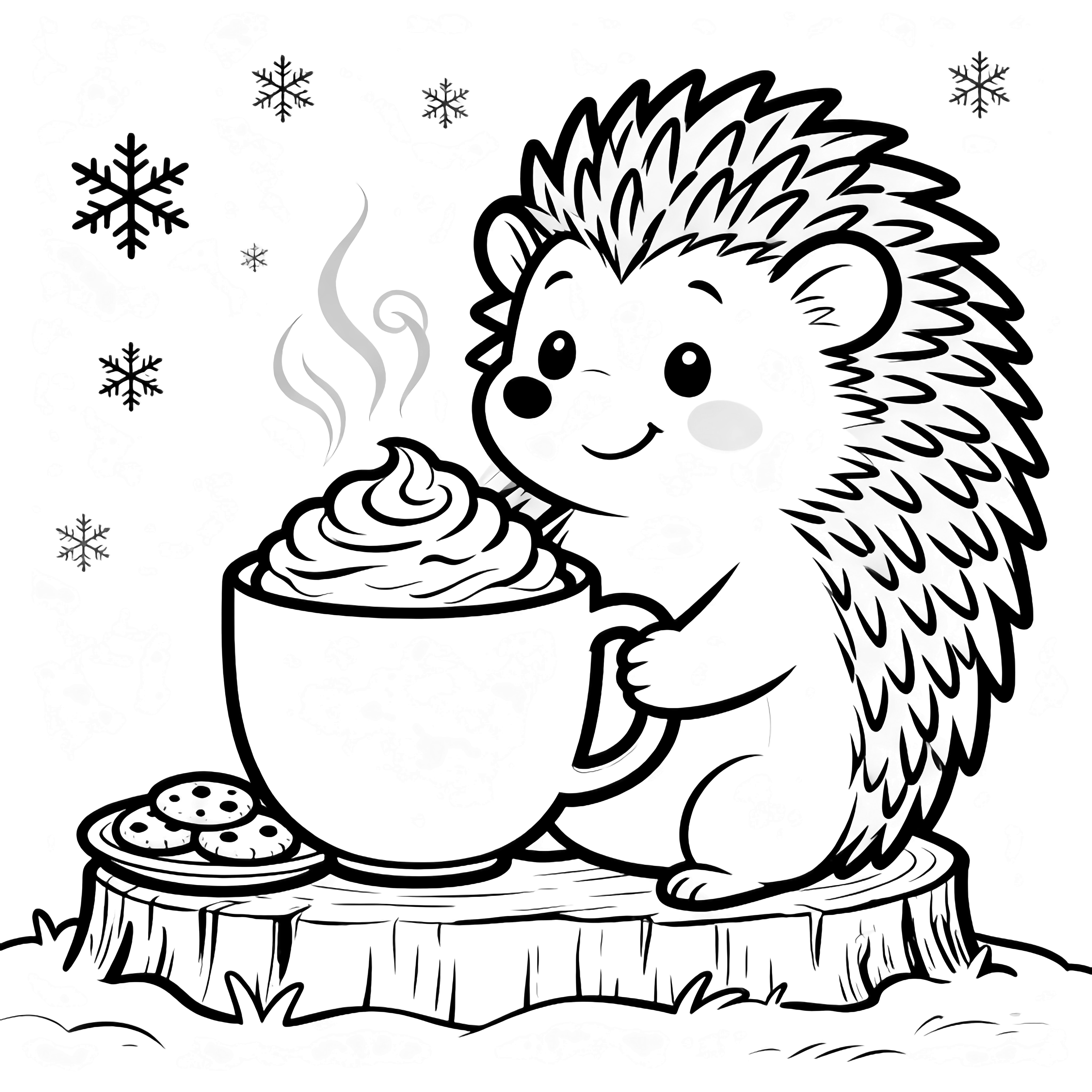 A smiling hedgehog on a stump holds a steaming mug, with a plate of cookies beside him and snowflakes drifting above. kleurplaat