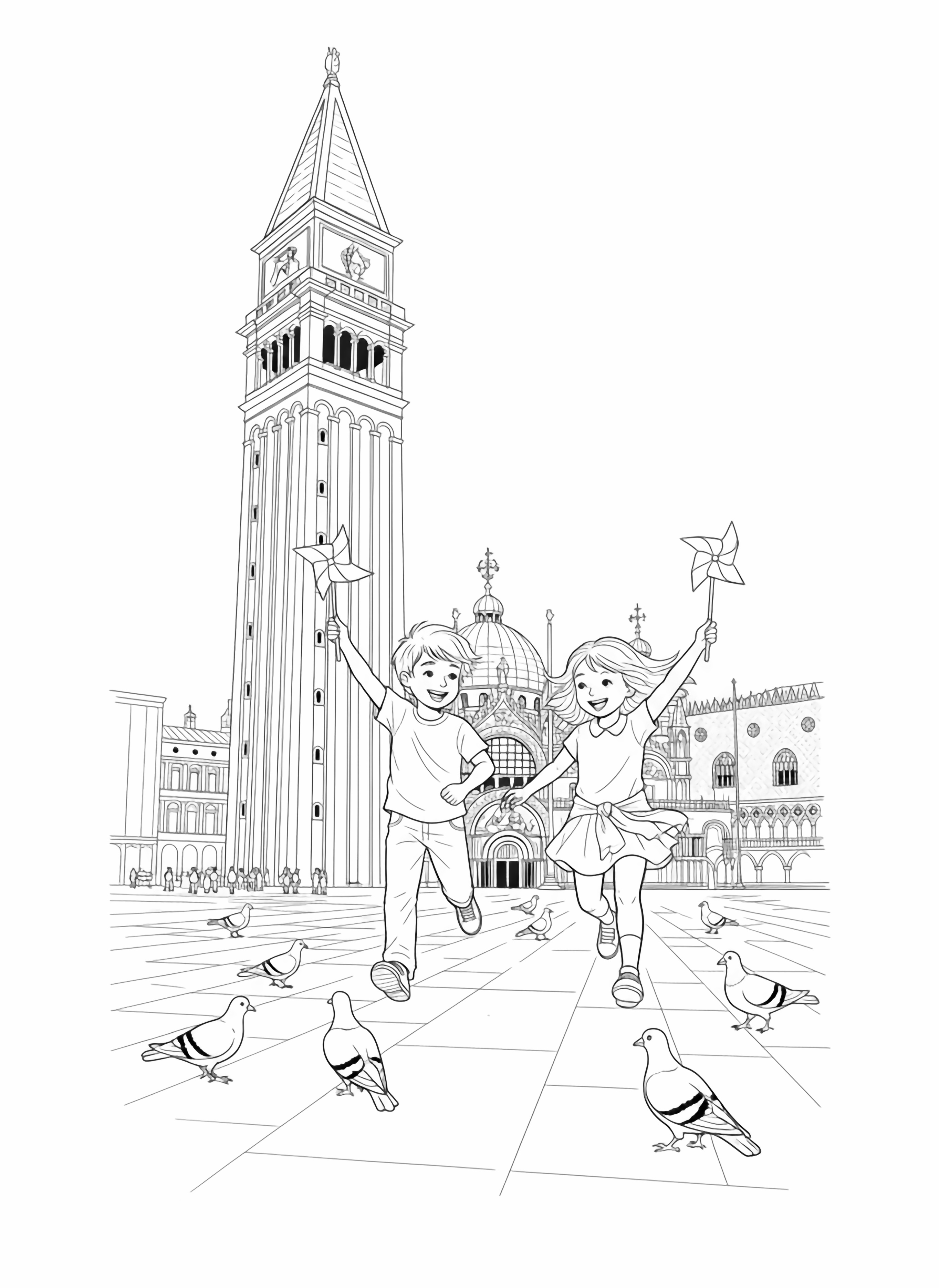 A black and white page showing two cheerful children happily running across the wide open space of Piazza San Marco Their hair bounces in the wind as they wave paper pinwheels overhead Behind them the towering Campanile di San Marco rises proudly its fine architectural details inviting careful Friendly pige clean black and white line drawing minimal shading no colour no fill kleurplaat