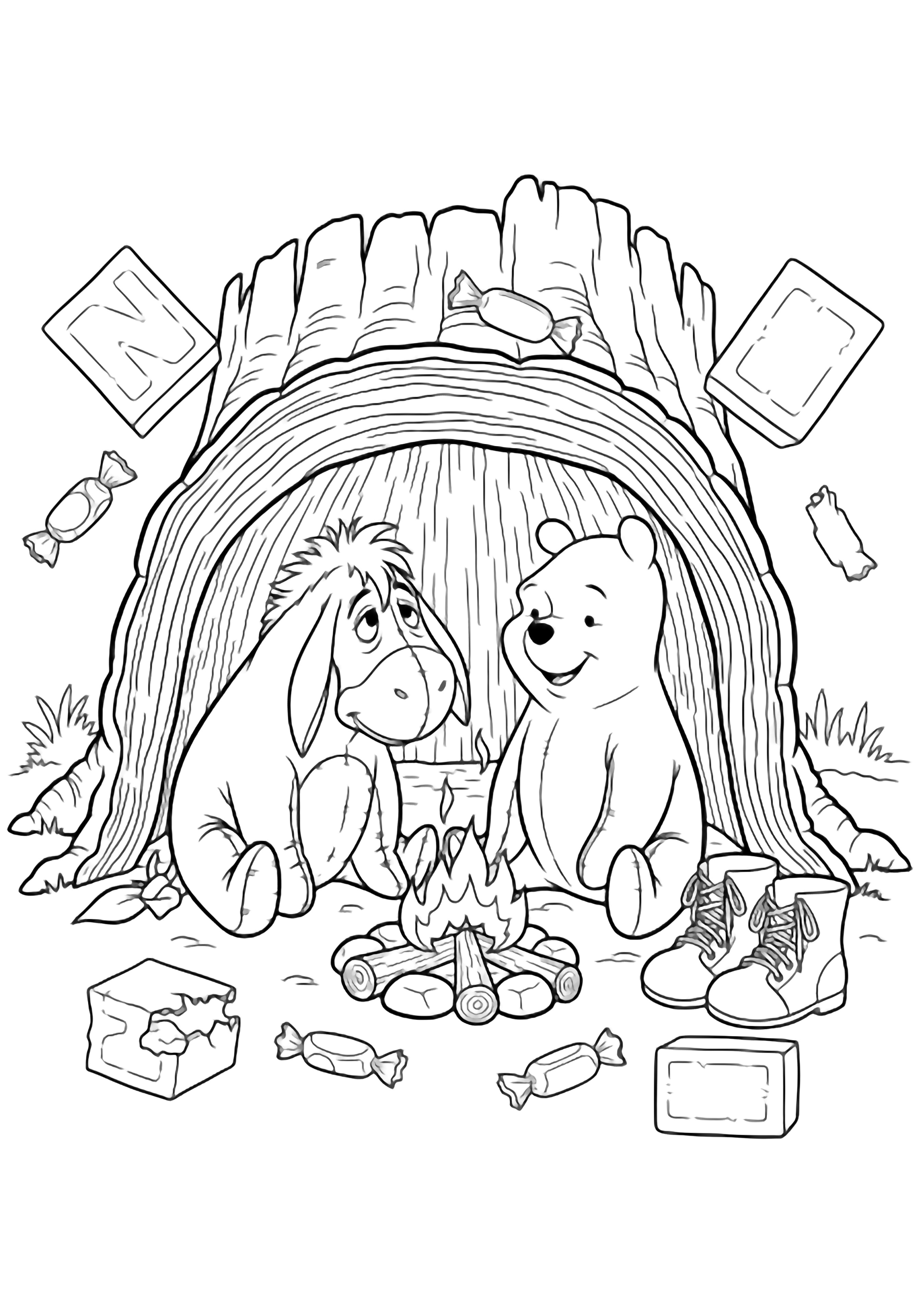 Eeyore and Pooh sit by a campfire inside a hollow stump; stacked logs, laced boots, scattered letters and candy wrappers around. kleurplaat