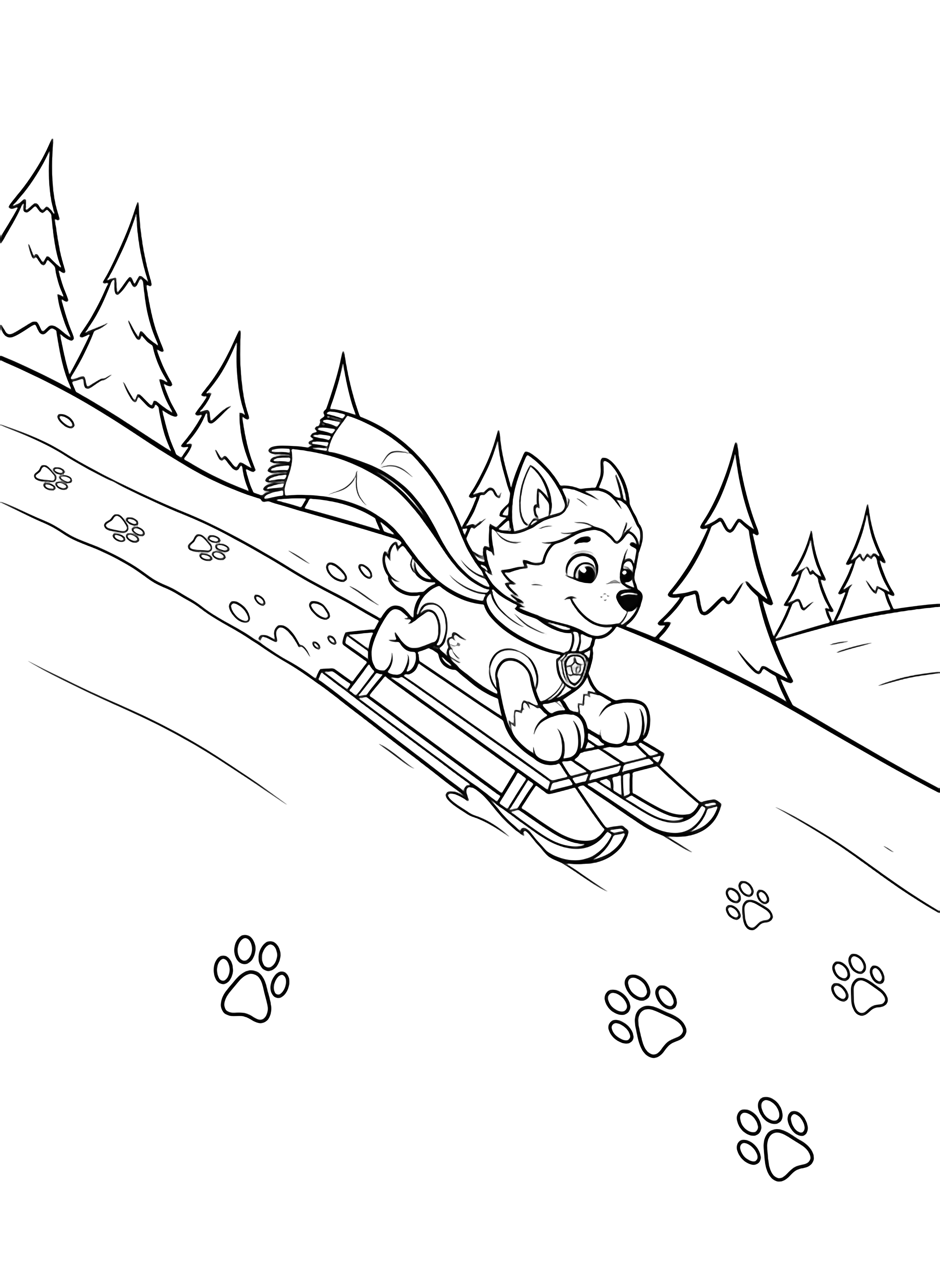 A black and white illustration of Everest sliding down a snowy mountain slope on a sled Her ears are flapping in the wind and her scarf trails behind her in a long flowing curve The background shows simple triangular pine trees and soft rolling snow hills Large oval paw prints are scattered across the snow showing clean black and white line drawing minimal shading no colour no fill kleurplaat
