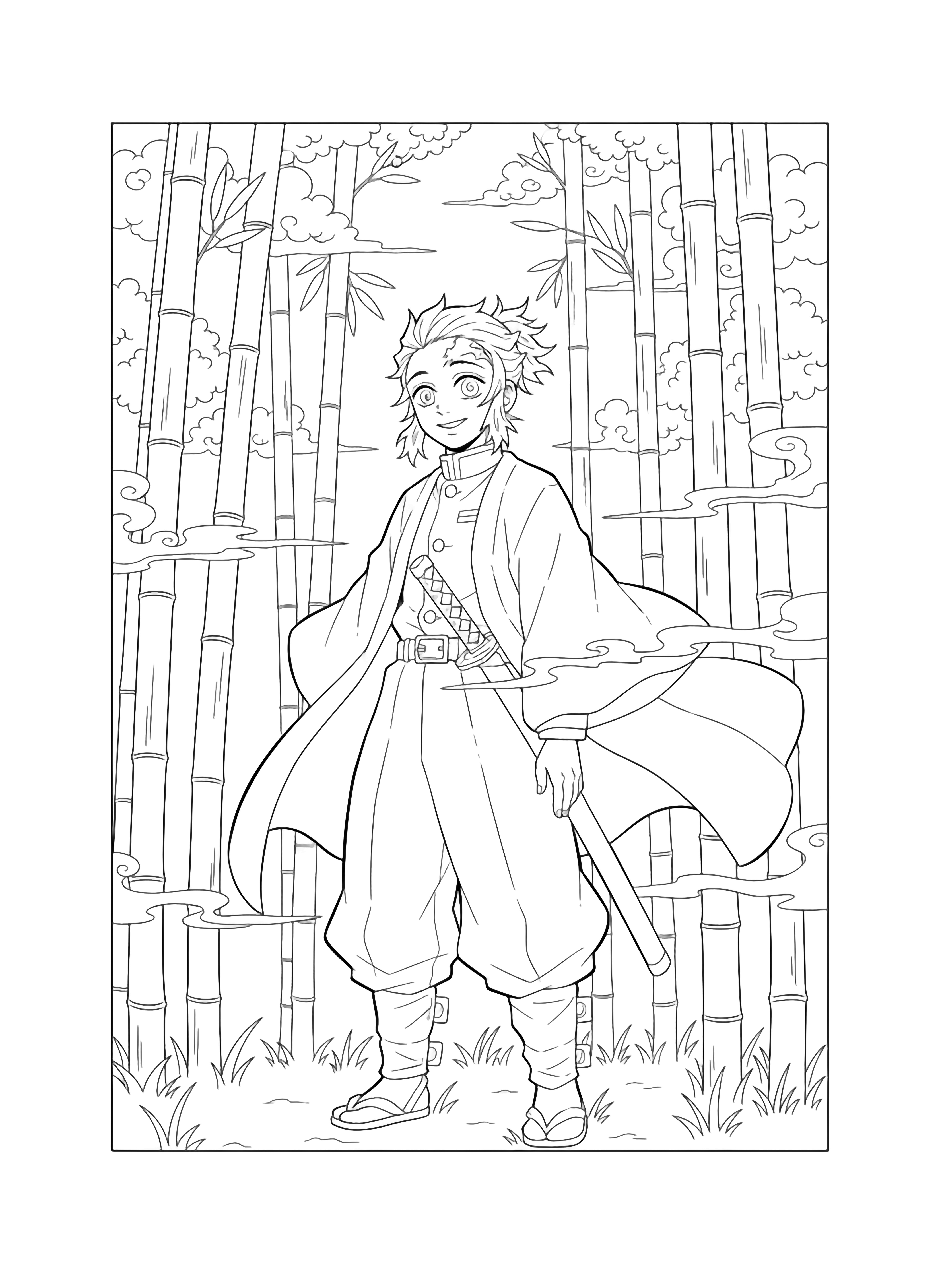Muichiro smiles in twin ponytails and long coat, bamboo trunks and curling mist around him, simple grass, distant trees, drifting clouds. kleurplaat