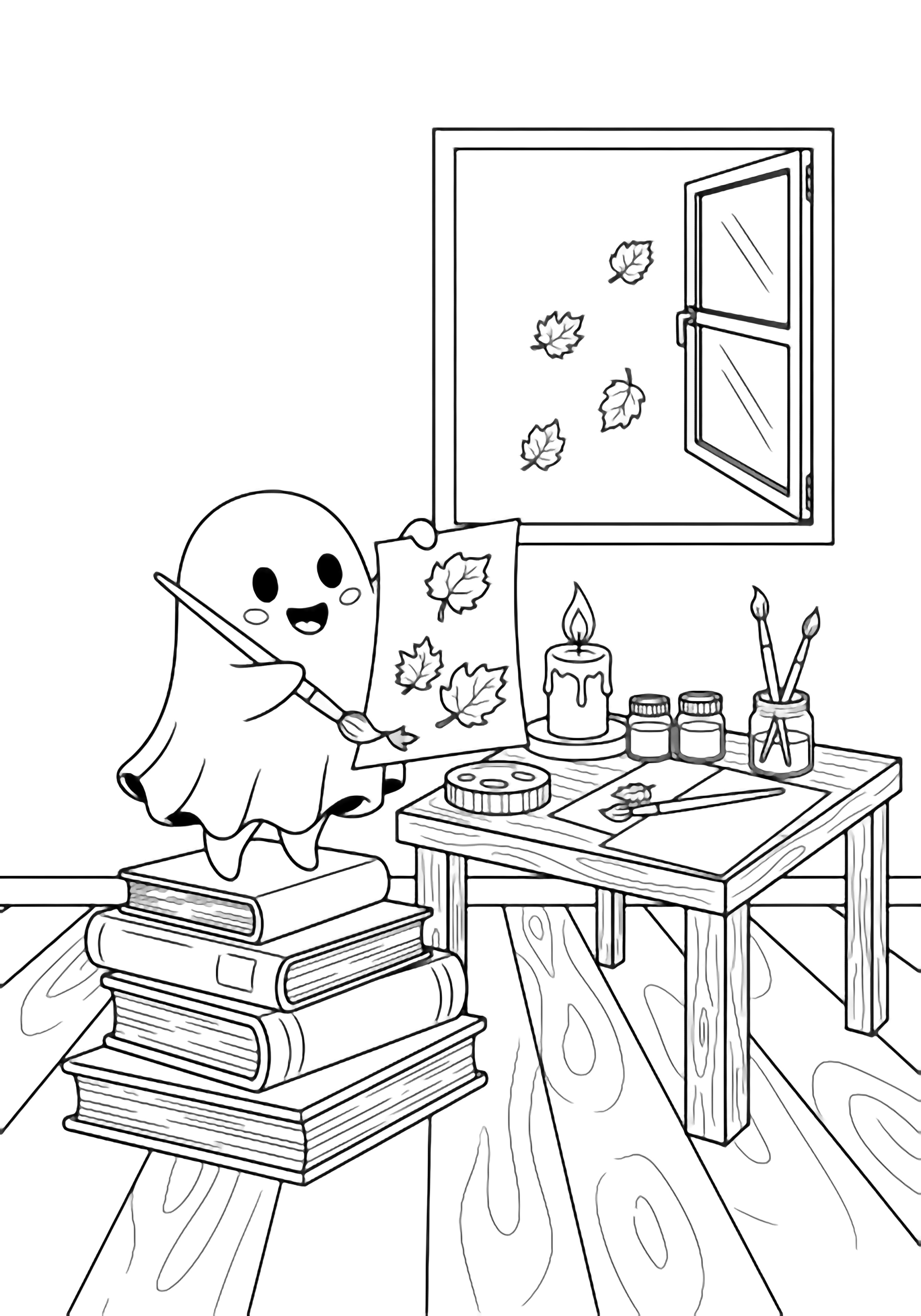 Tiny smiling ghost on stacked books paints autumn leaves at a desk, candle and jars nearby, leaves drifting through open window. kleurplaat