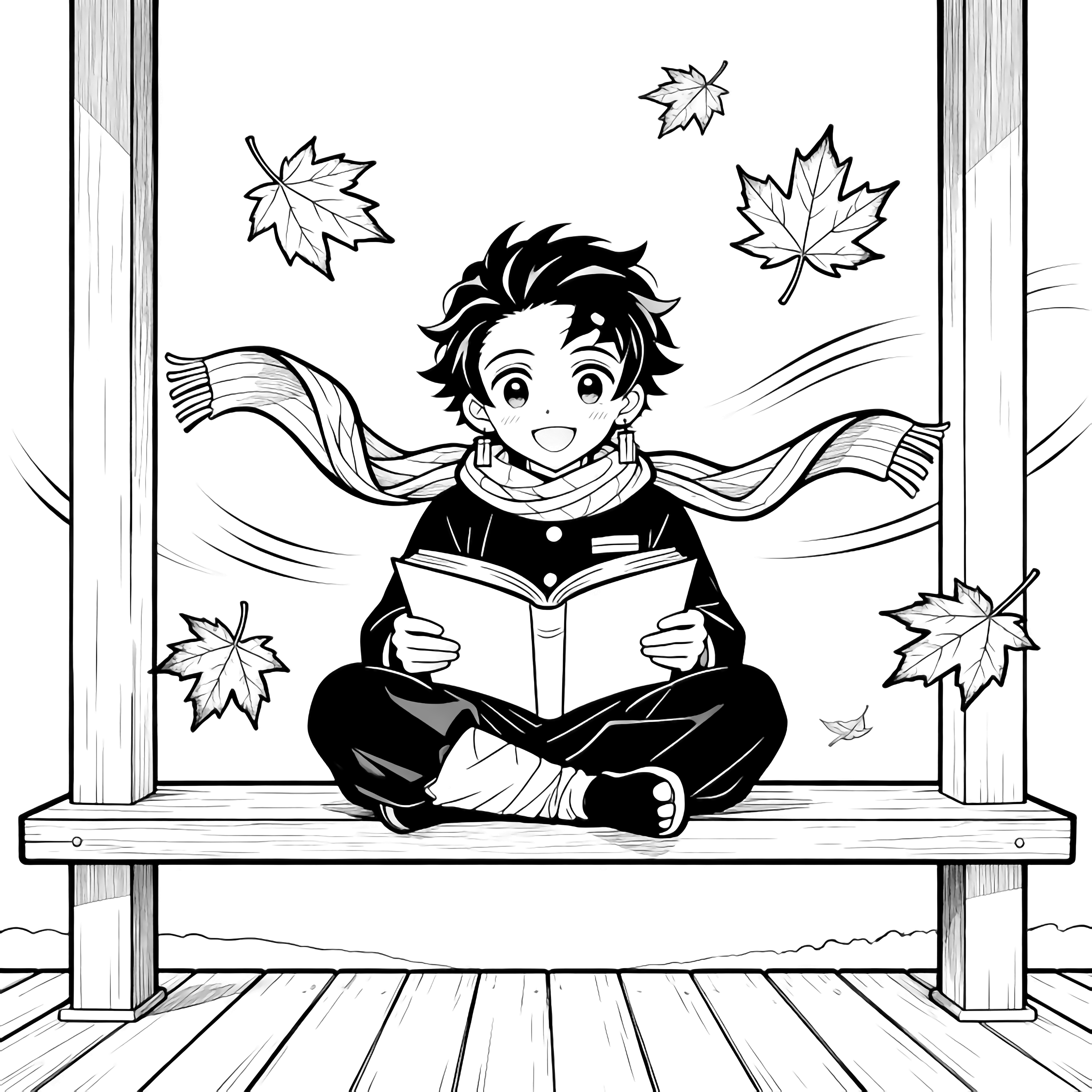 Tanjiro Kamado sits cross-legged on a porch beam, smiling behind an open book while maple leaves drift around and his scarf flutters in the breeze. kleurplaat
