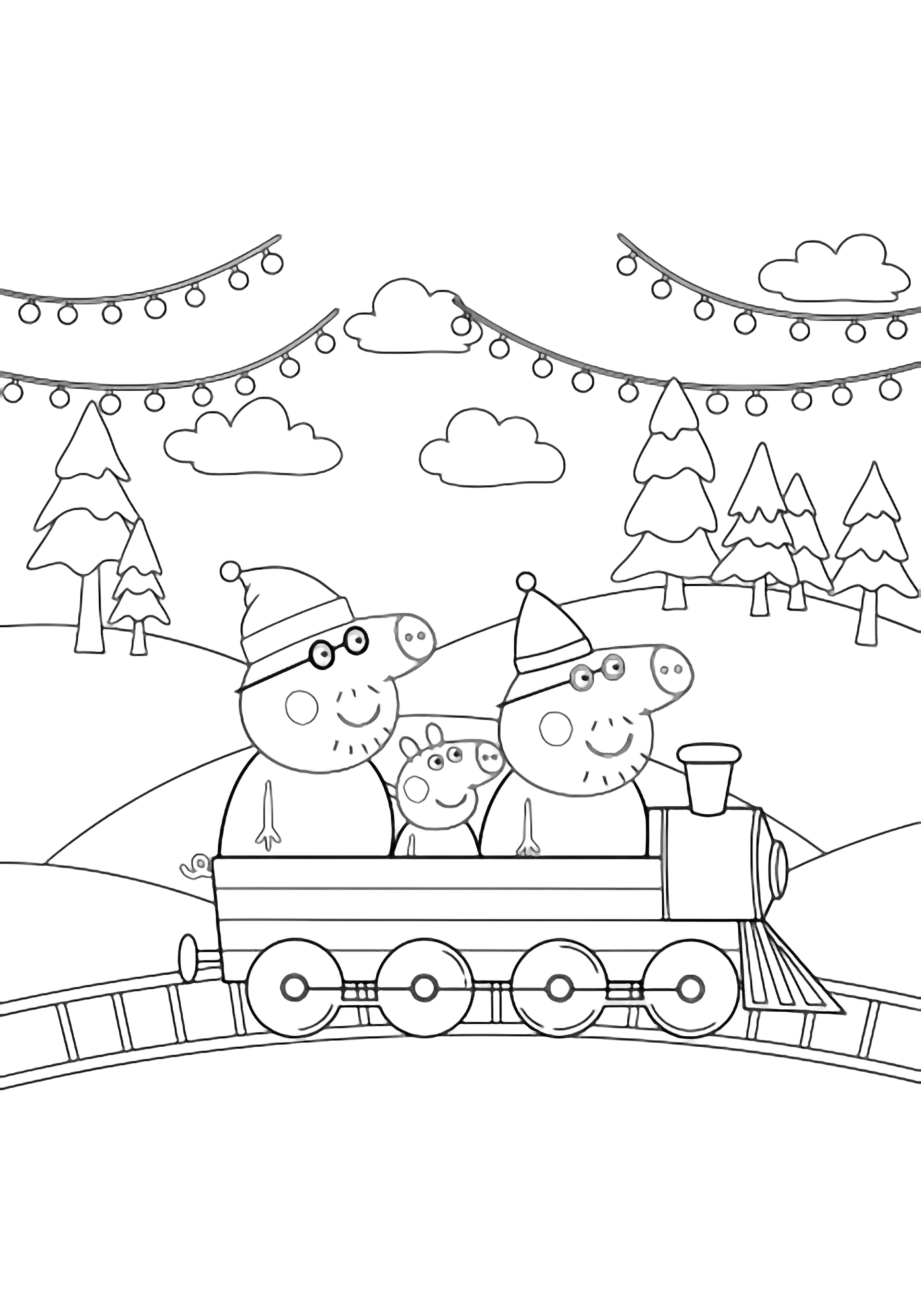 Peppa, George, Mummy and Daddy ride an open train carriage through gentle hills, passing snowy trees, string lights and clouds. kleurplaat
