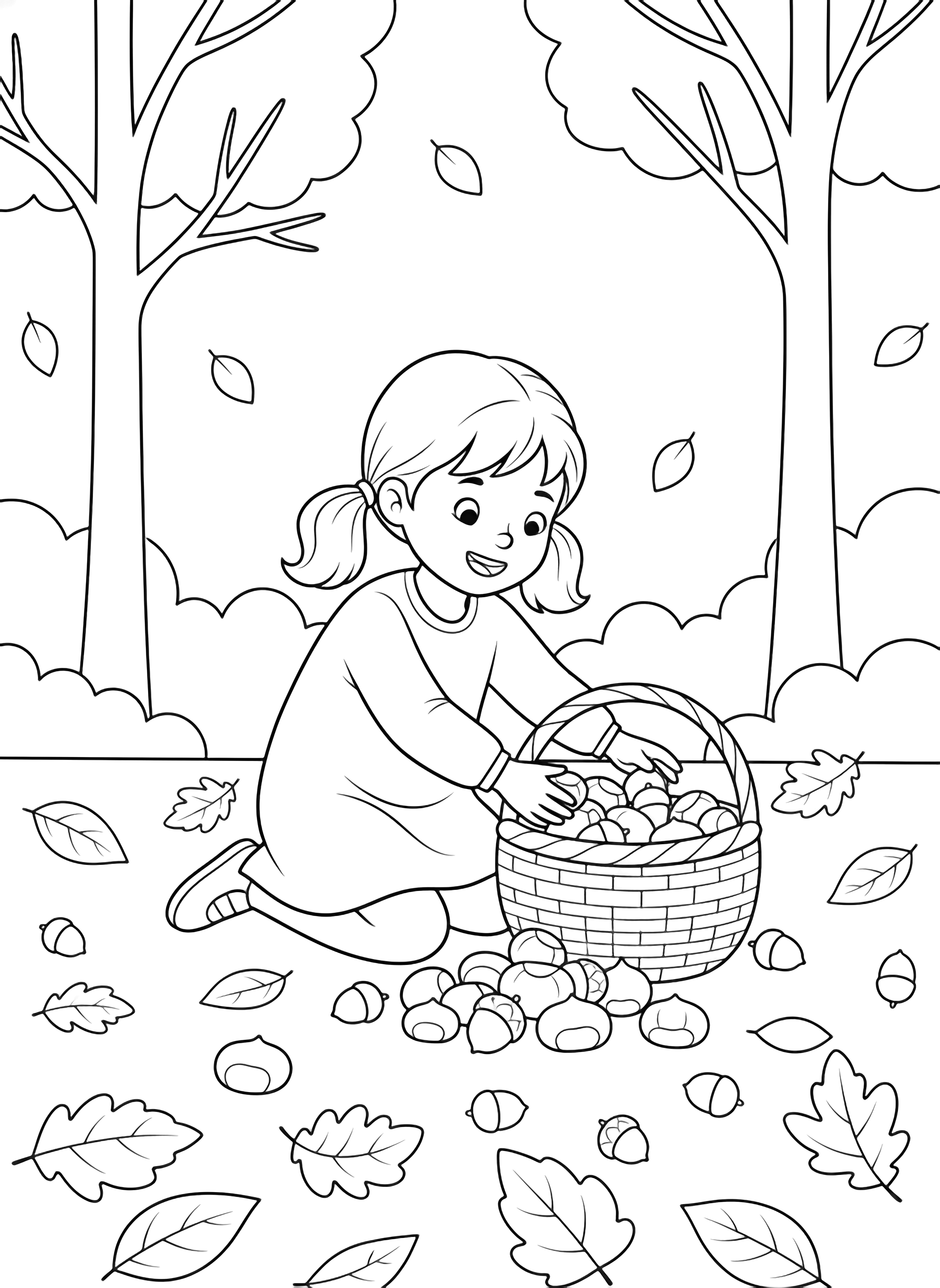A smiling little girl kneels beside a basket, gathering chestnuts and acorns under simple trees with fallen leaves. kleurplaat