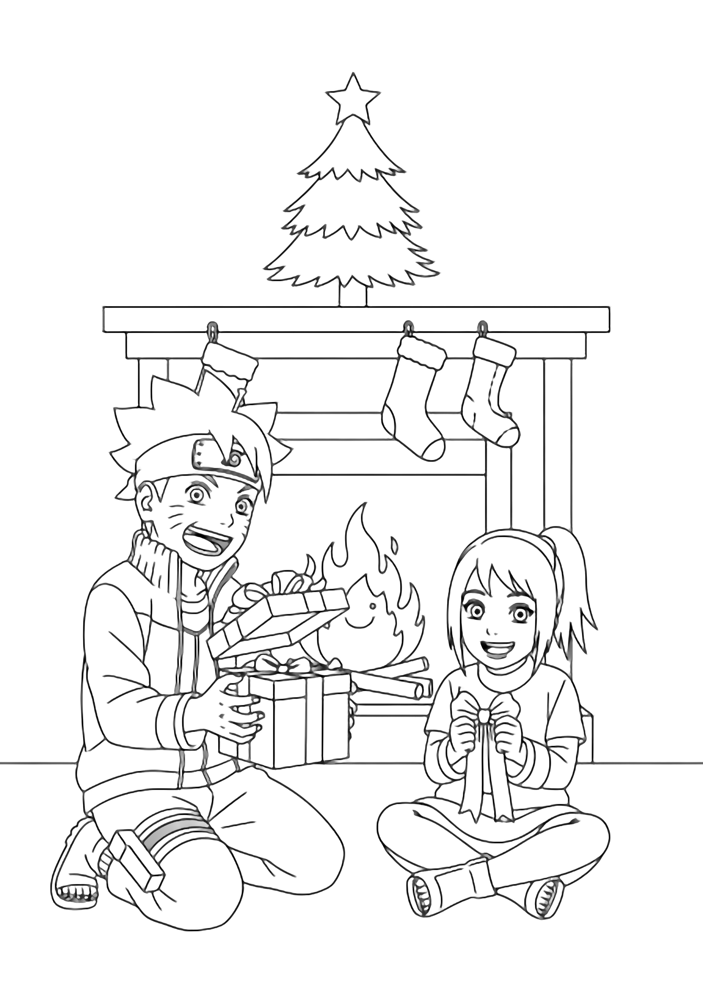 Boruto knielt en tilt een cadeaudeksel op; Himawari zit met gekruiste benen, houdt een lintje, kousen en een klein boompje vast, vrolijke vlammen op een eenvoudige schoorsteenmantel achter hen. kleurplaat