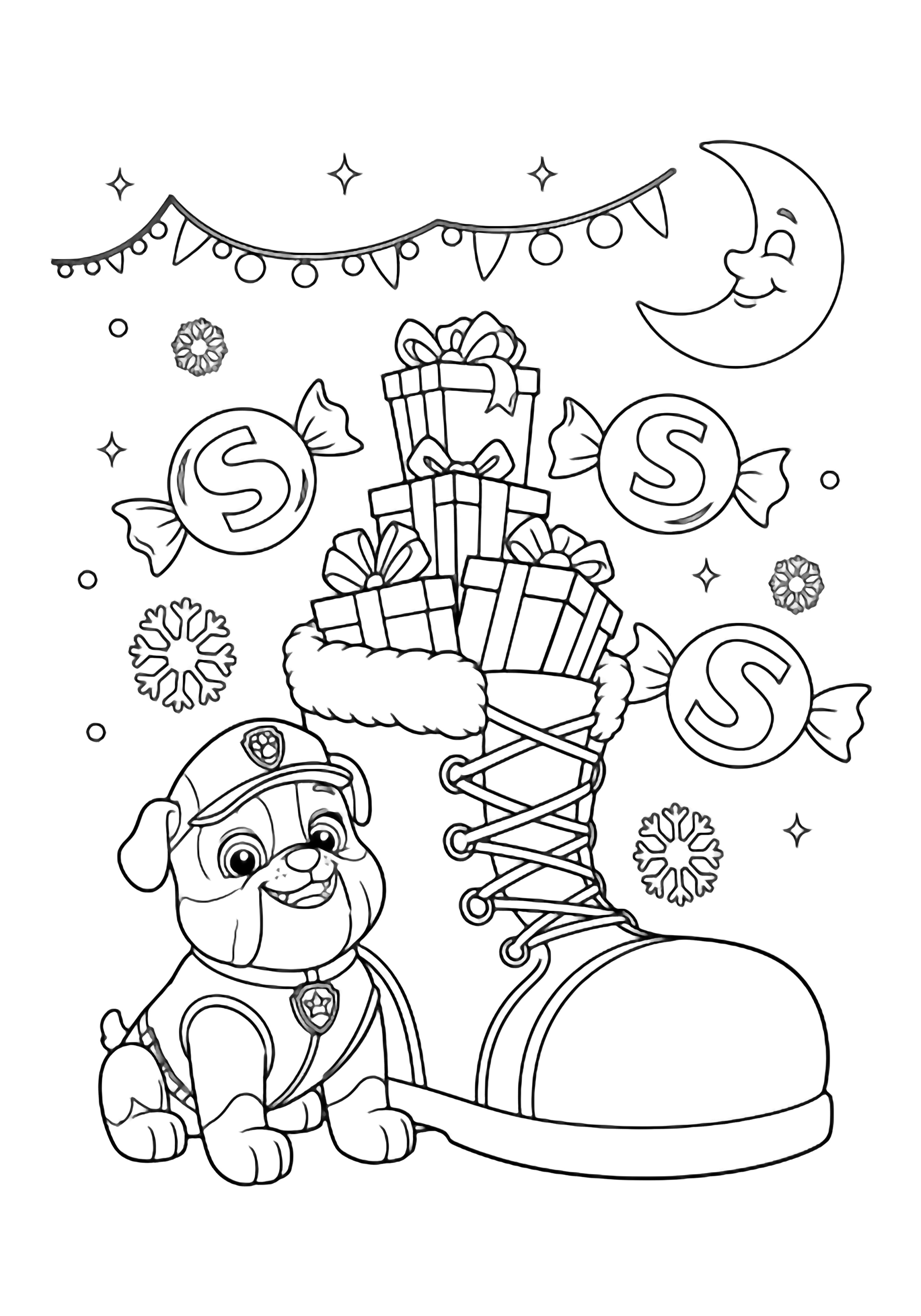 A playful puppy builds a snow boot filled with presents, surrounded by floating S-shaped candies, twinkling garland, snowflakes, and a smiling moon. kleurplaat