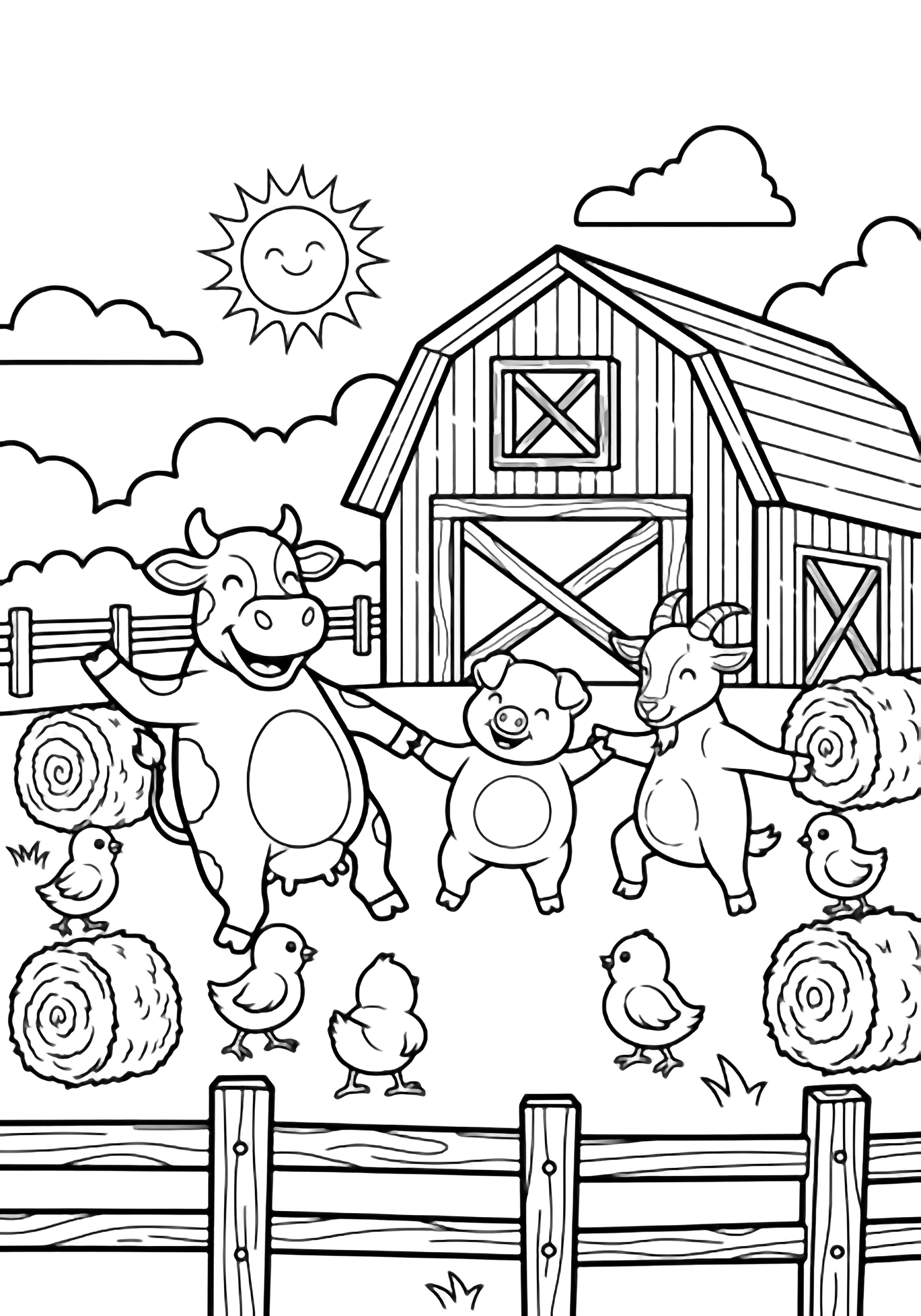A cheerful cow, piglet, goat, and chicks dance in a circle before an open barn, framed by a smiling sun, fence rails, and bouncy hay bales. kleurplaat
