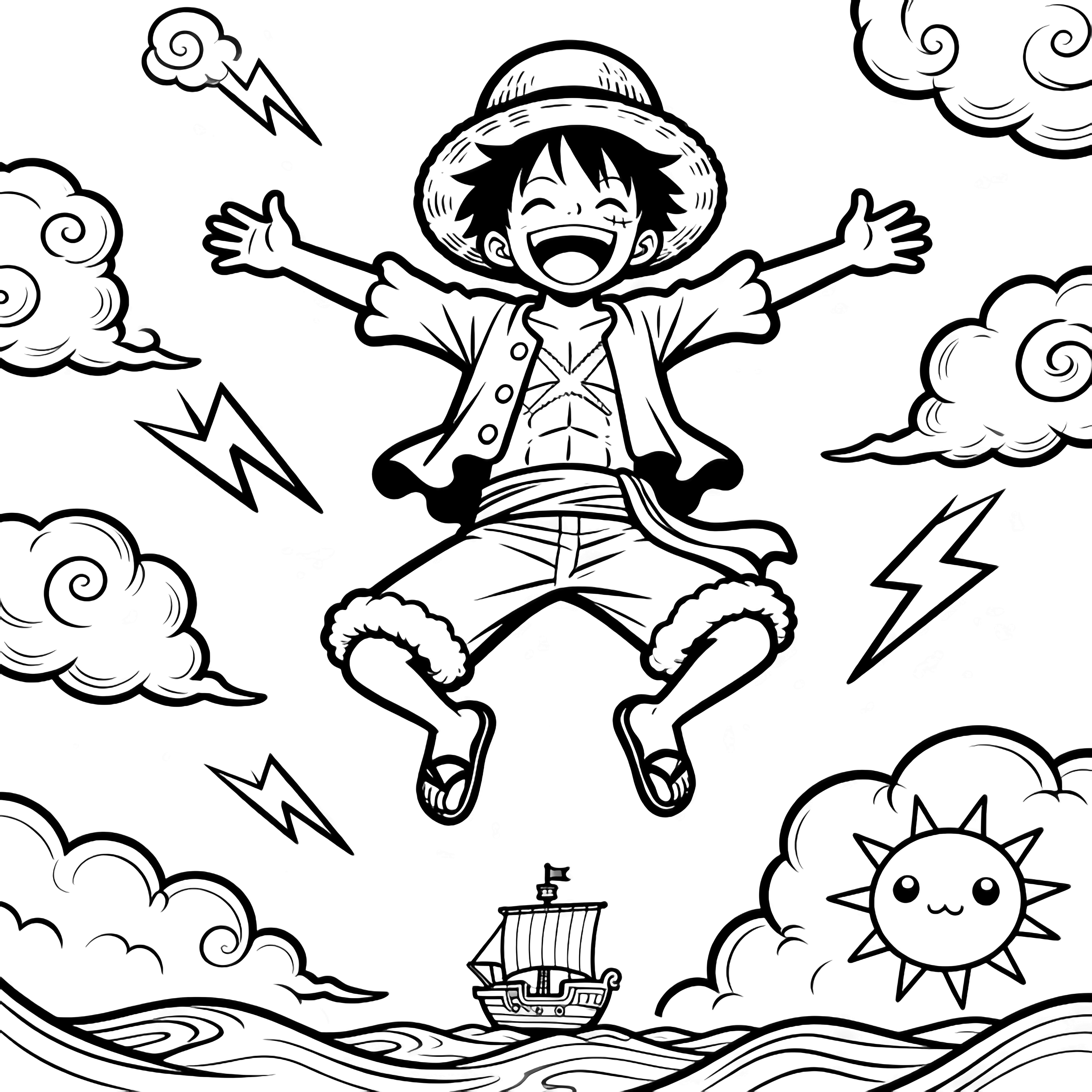 Luffy in mid-air, arms wide, laughing; swirling clouds and lightning around him, tiny ship below, sun face overhead. kleurplaat
