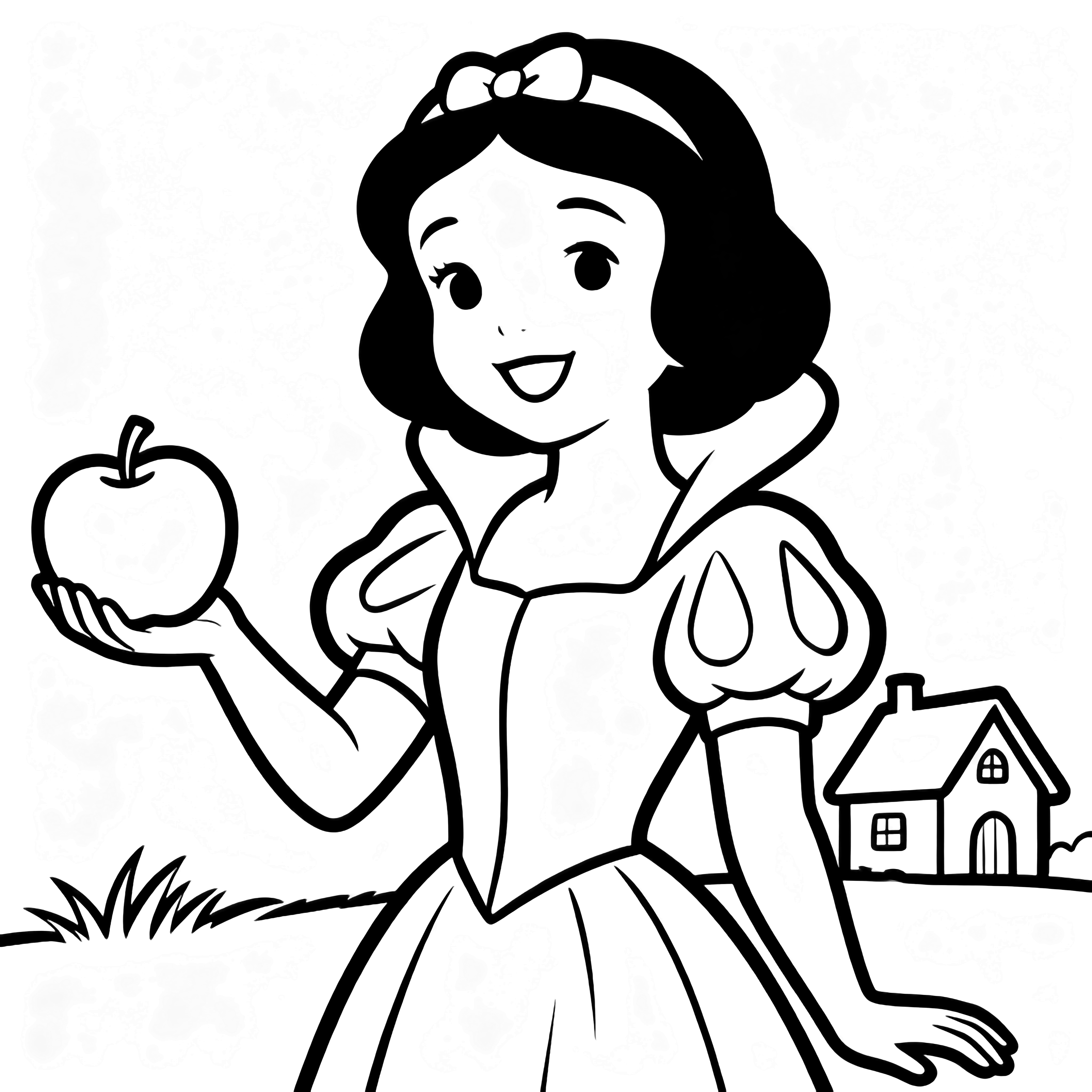 Snow White offers a round apple, smiling in a puffy-sleeve dress; tiny cottage and grass hint behind. kleurplaat