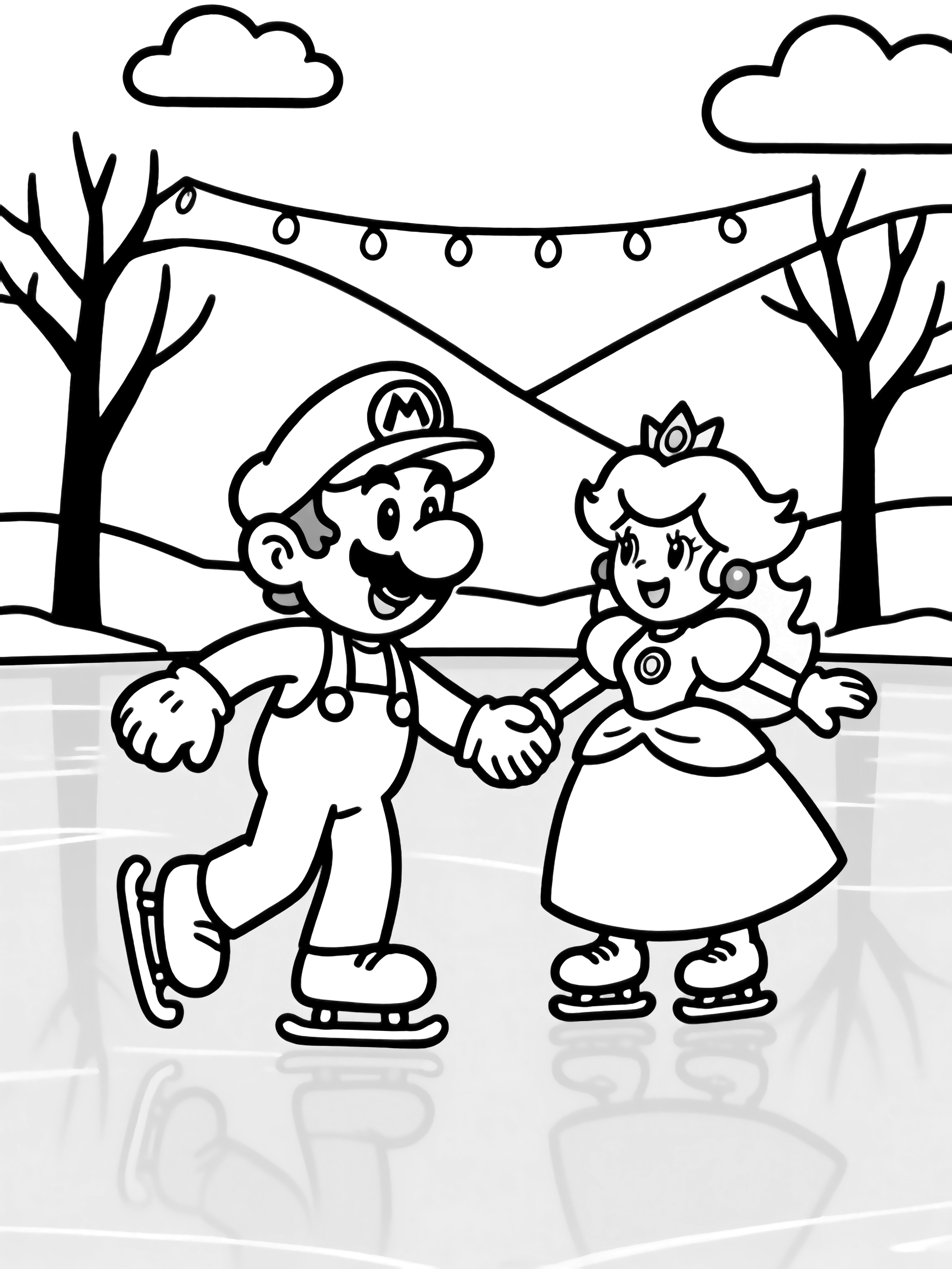 Mario, Luigi and Peach skate hand-in-hand across a frozen lake, framed by string-lit bare trees, gentle hills and soft clouds. kleurplaat