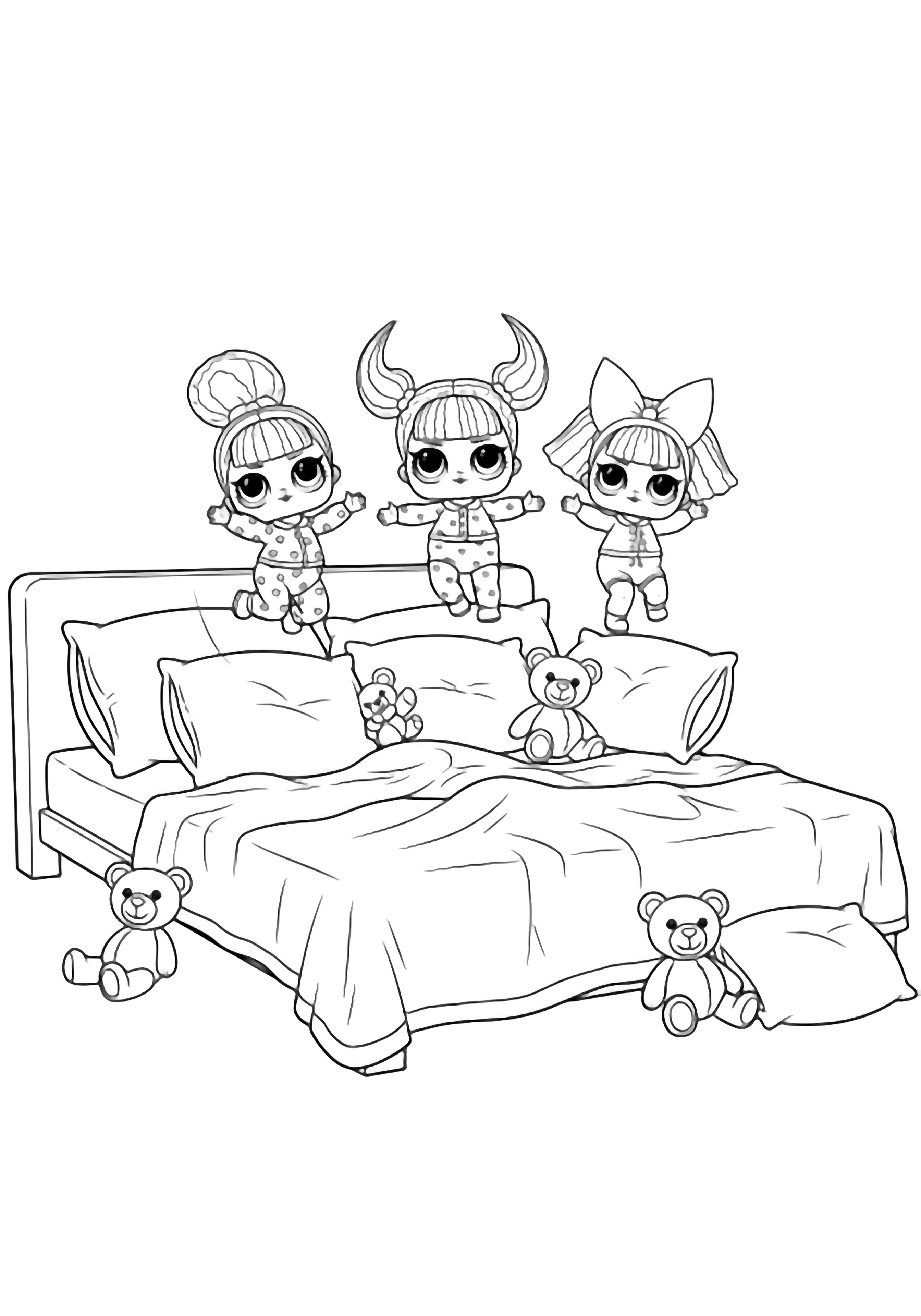 illustration on a Big bold outlines show three LOL Surprise dolls in pajamas mid jump on a giant bed hair bouncing; simple pillows teddy bears and rumpled blanket edges frame them leaving every shape open to color clean black kleurplaat
