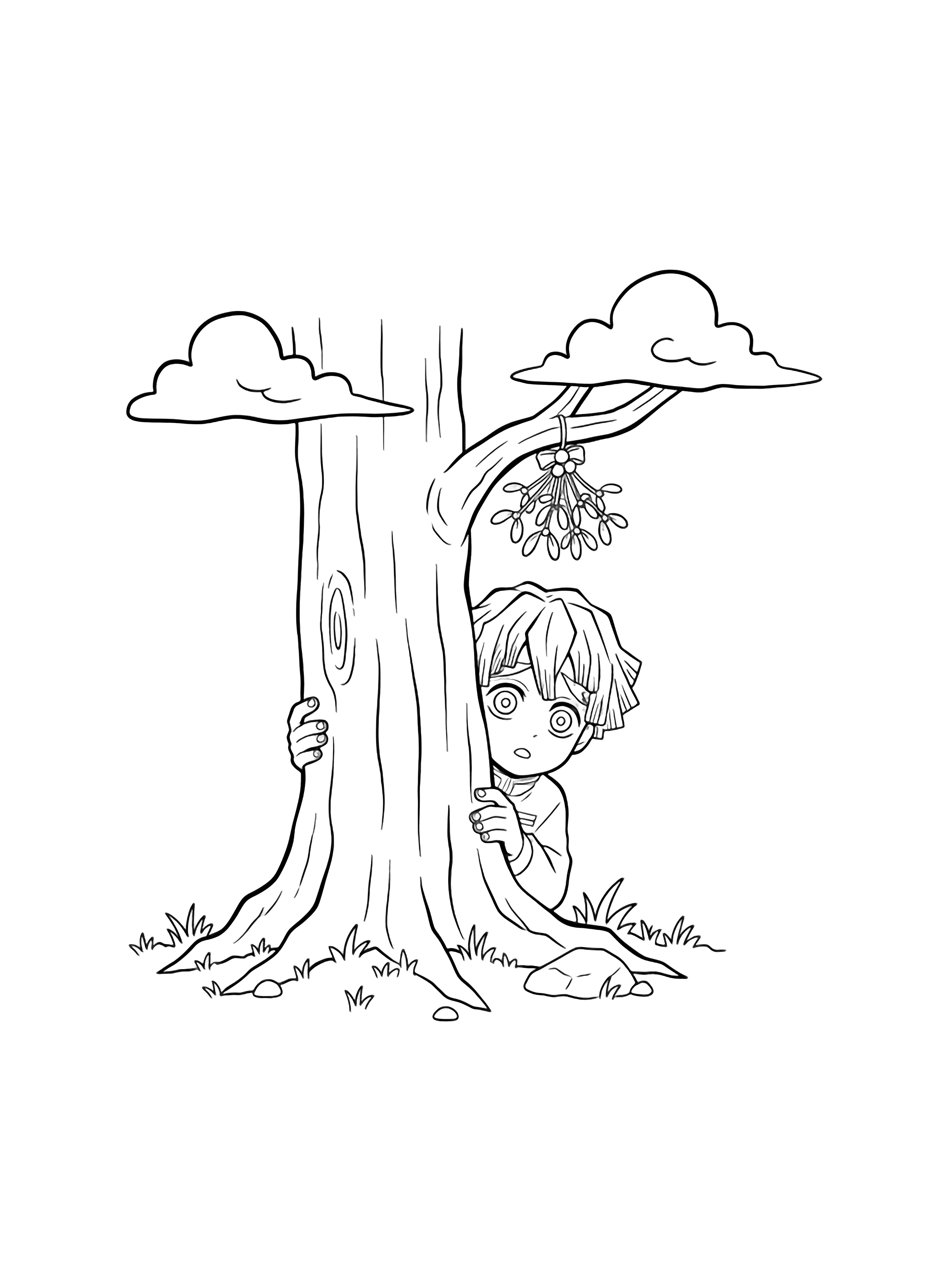 Zenitsu peeks around a big tree, wide-eyed, holding mistletoe above his head; simple forest floor, two fluffy clouds. kleurplaat