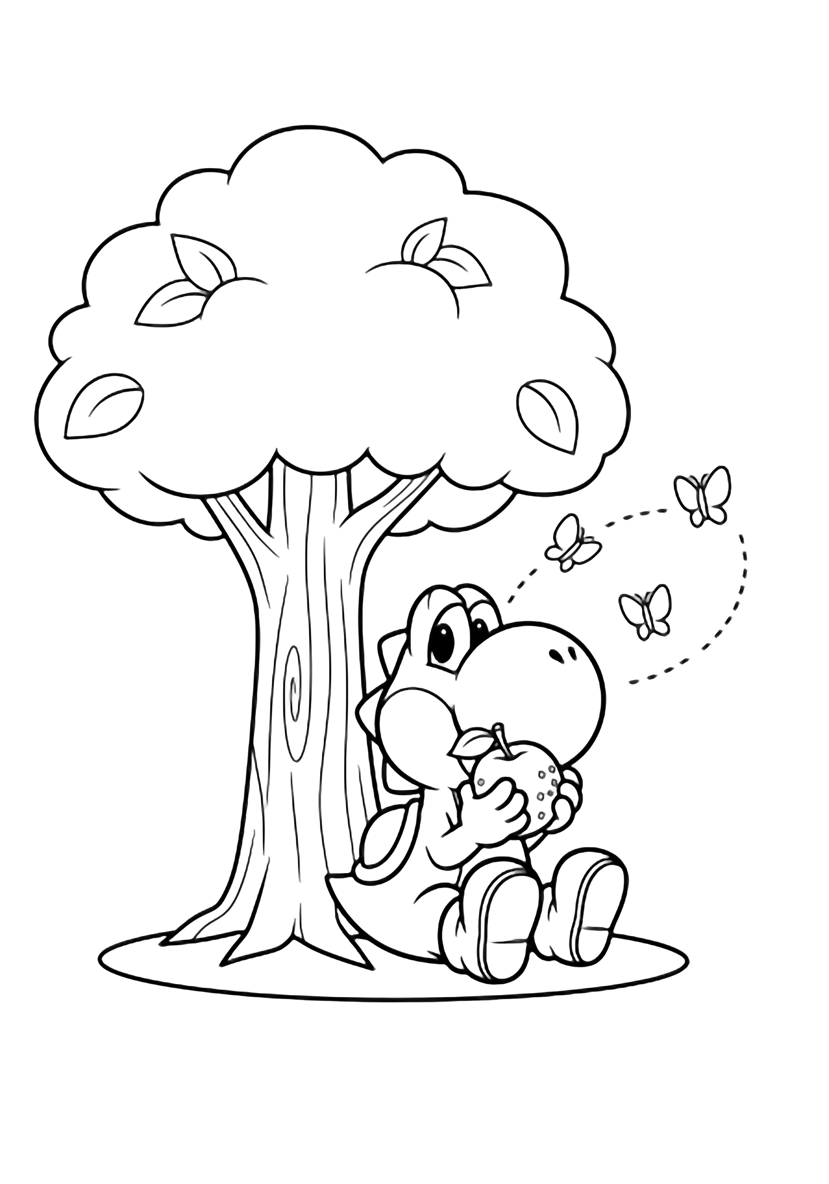 Yoshi relaxes beneath a leafy tree, happily munching a big fruit while three tiny butterflies dance around him. kleurplaat