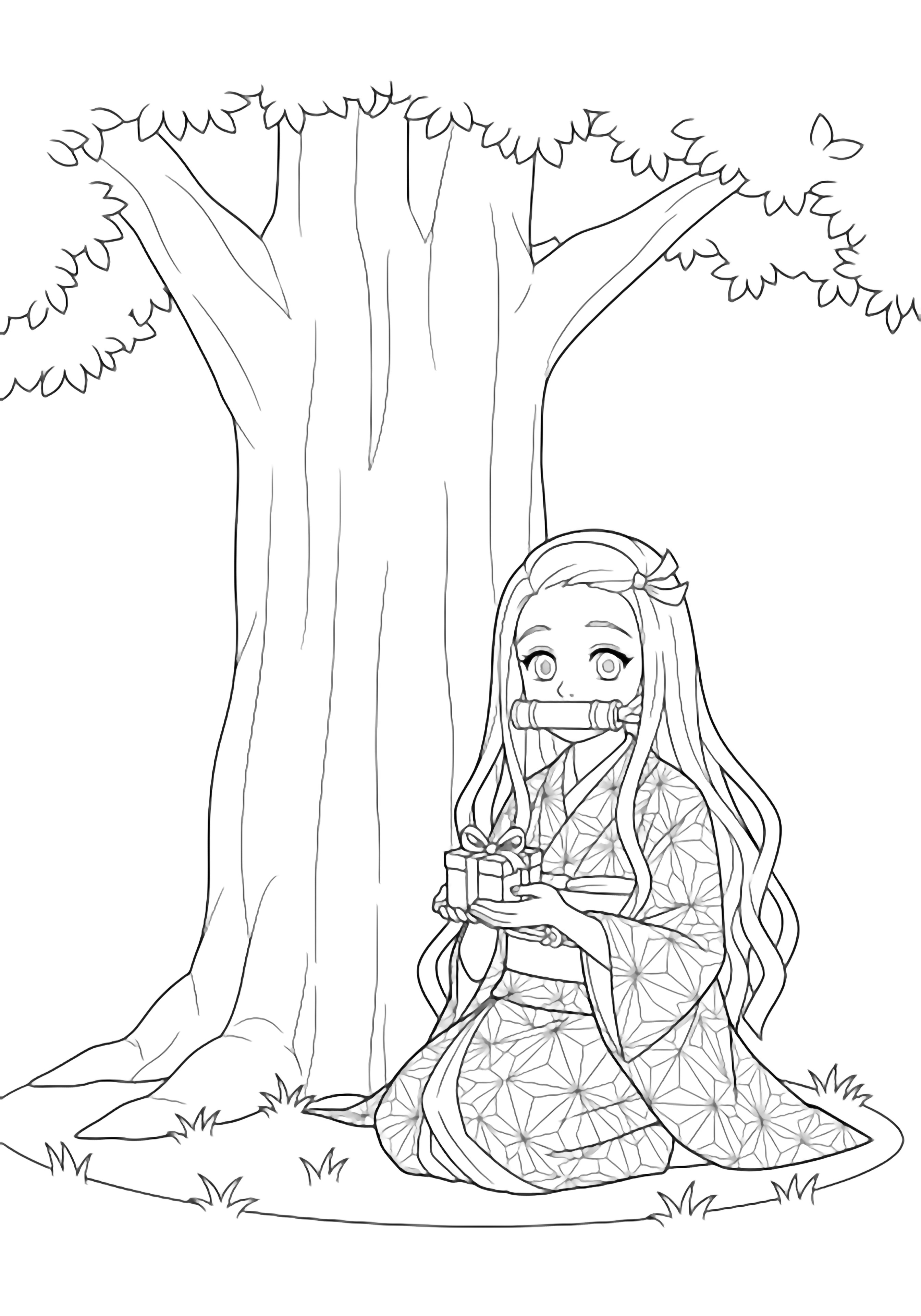Nezuko kneels smiling beside a big tree, holding a tiny ribbon-tied gift; simple grass and gift box around her. kleurplaat