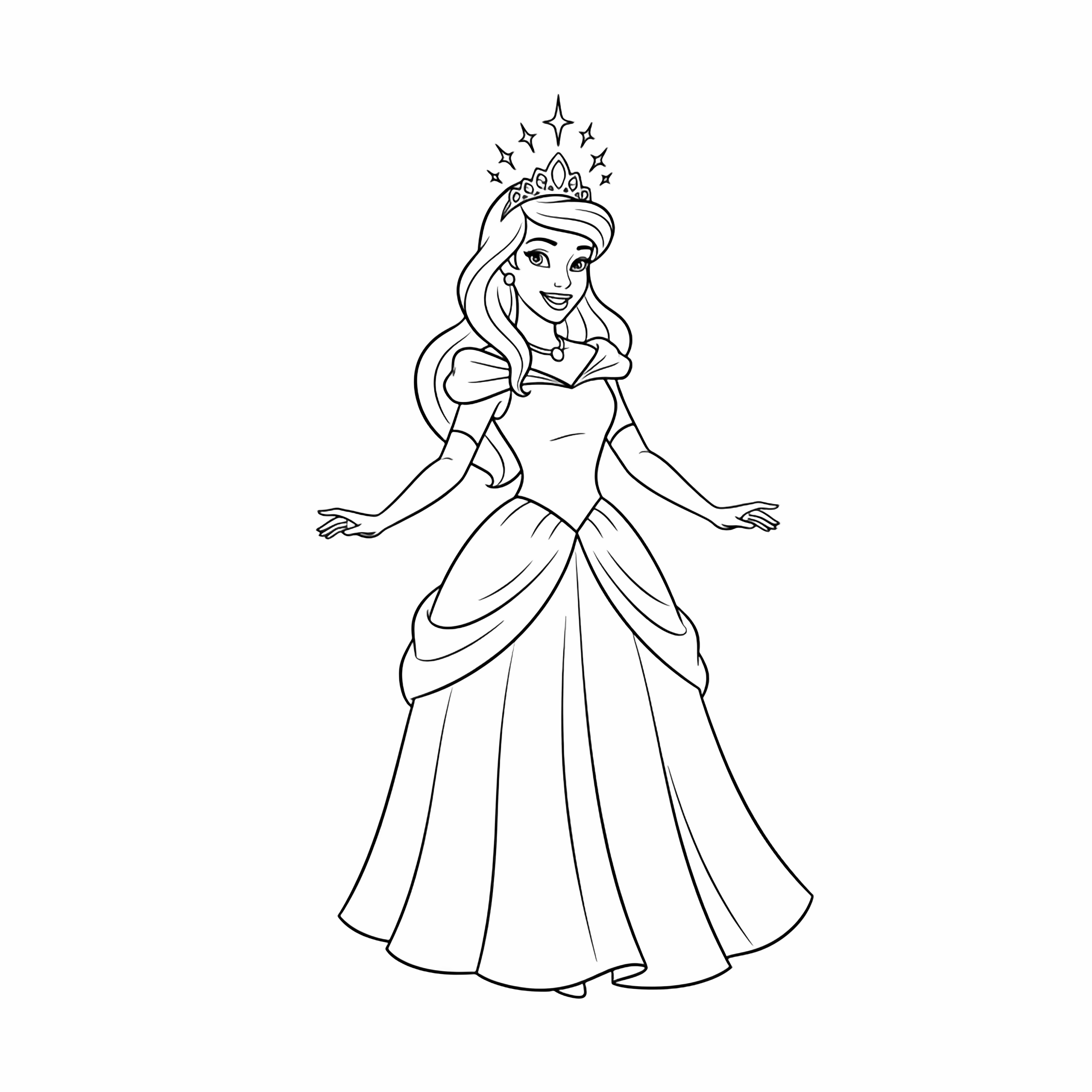 Smiling princess in flowing gown and sparkling tiara, arms gently out, minimal background kleurplaat