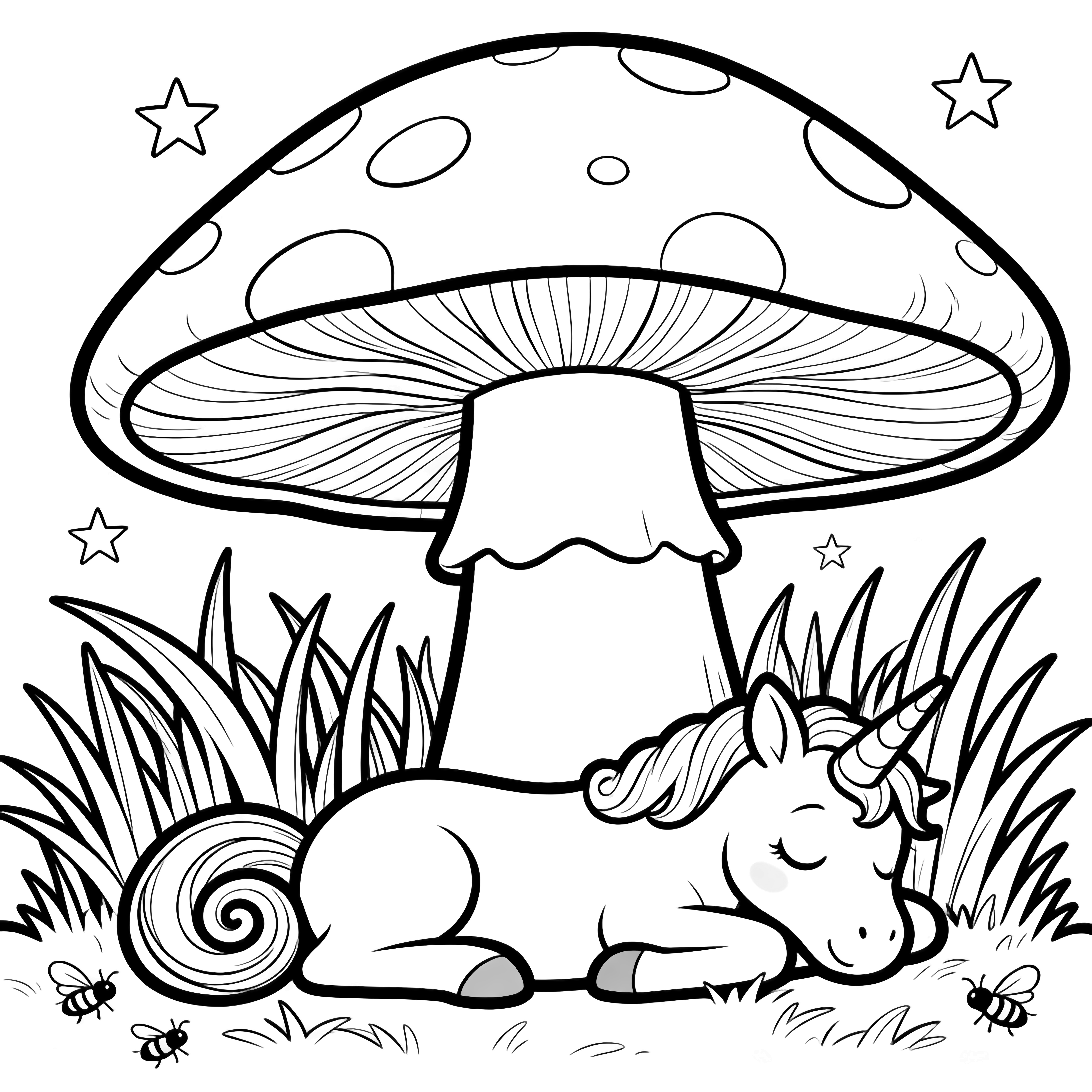 A smiling unicorn naps under a giant mushroom, spiral tail curled on thick grass, tiny stars and bugs drifting around. kleurplaat