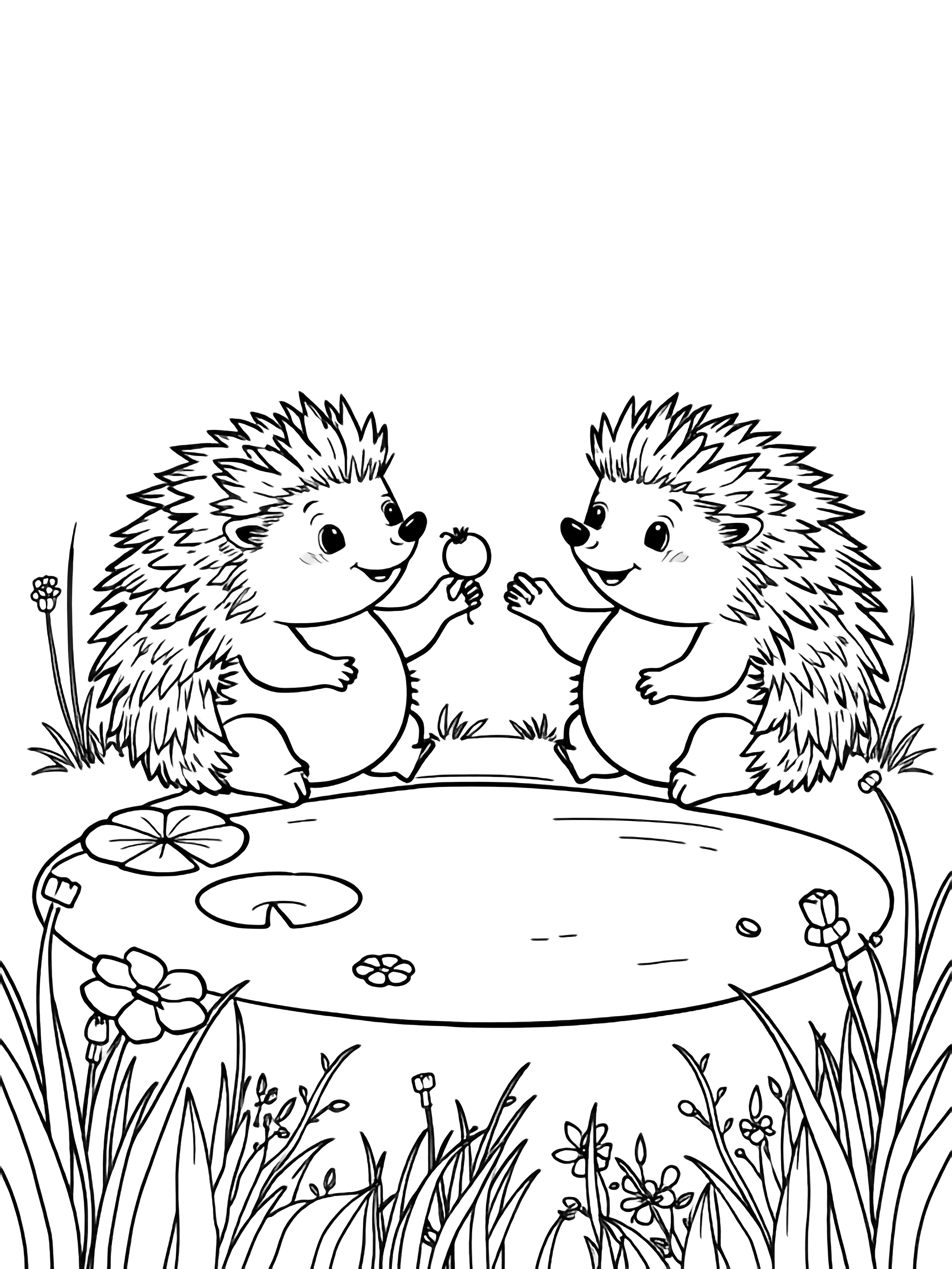 Two smiling hedgehogs sit facing each other beside a pond; one offers a berry while the other reaches out, surrounded by lily pads, tiny flowers, and gentle grass tufts. kleurplaat