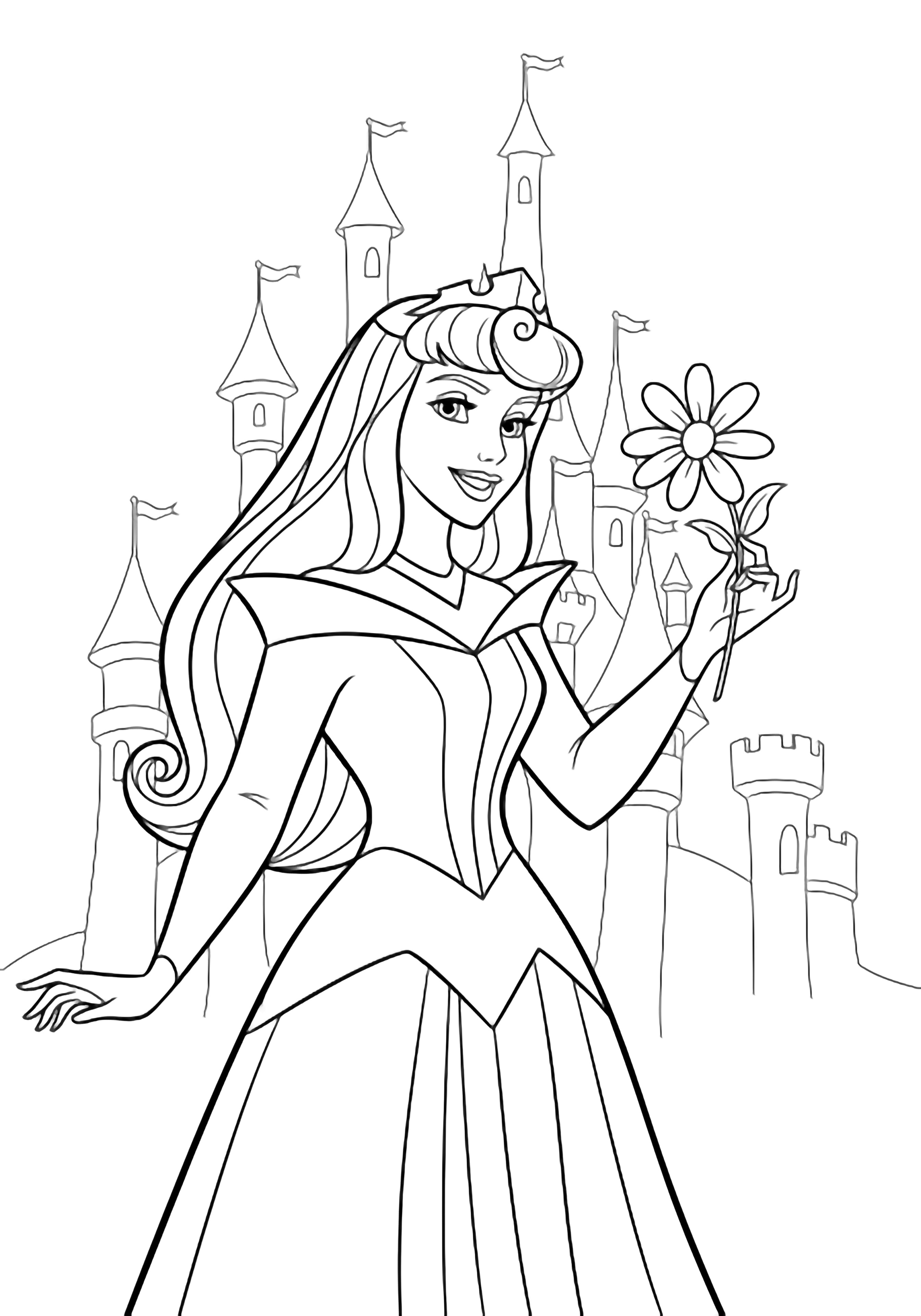 Aurora stands smiling, clutching a five-petaled daisy; her long striped hair drifts as simple castle towers rise behind her. kleurplaat