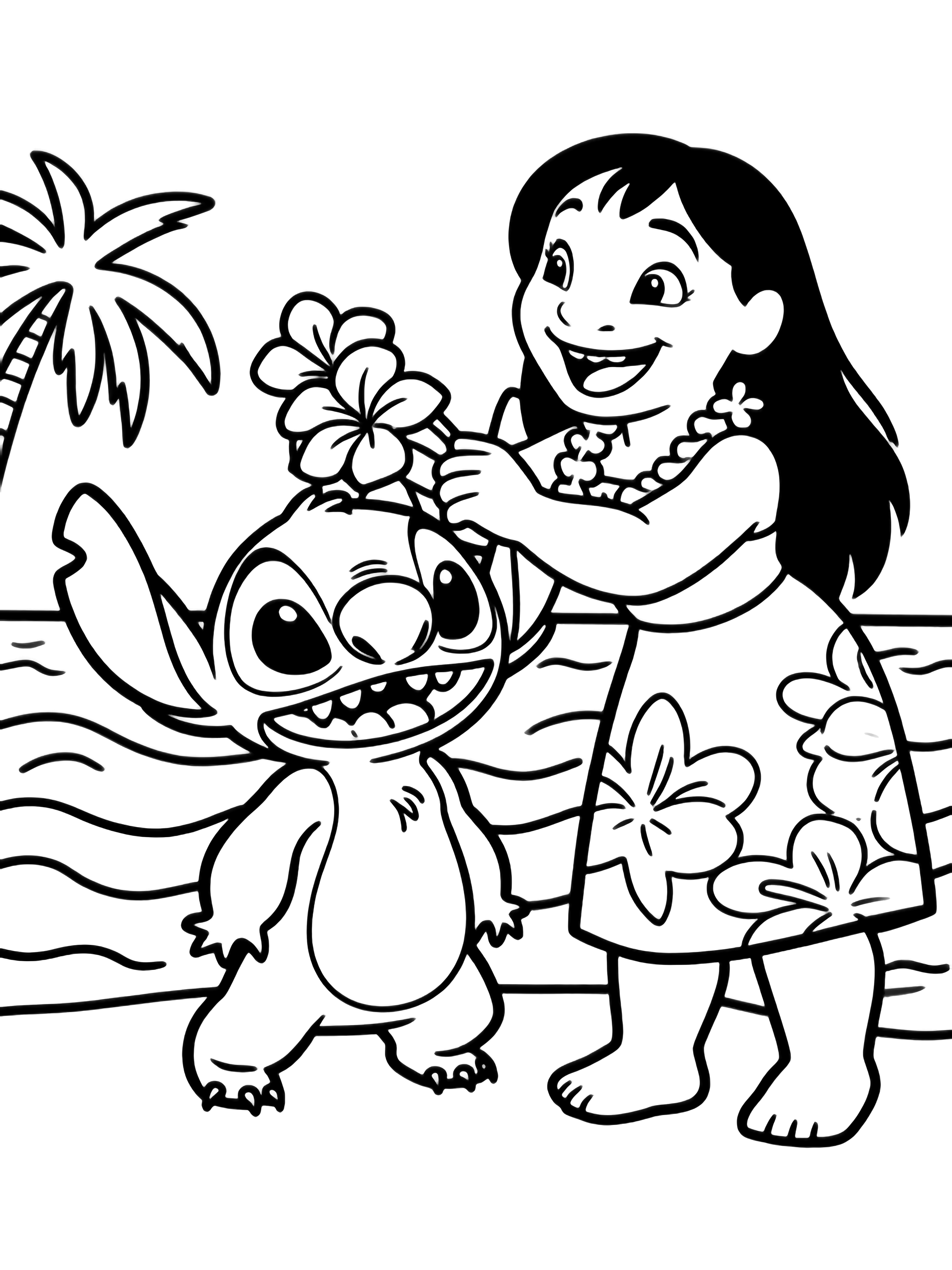 illustration on a Lilo stands on tiptoe draping a flower lei over Stitch's grinning head; both share happy faces simple plumeria outlines in lei gentle island waves and tiny palm behind bold smooth lines ready to color clean black kleurplaat
