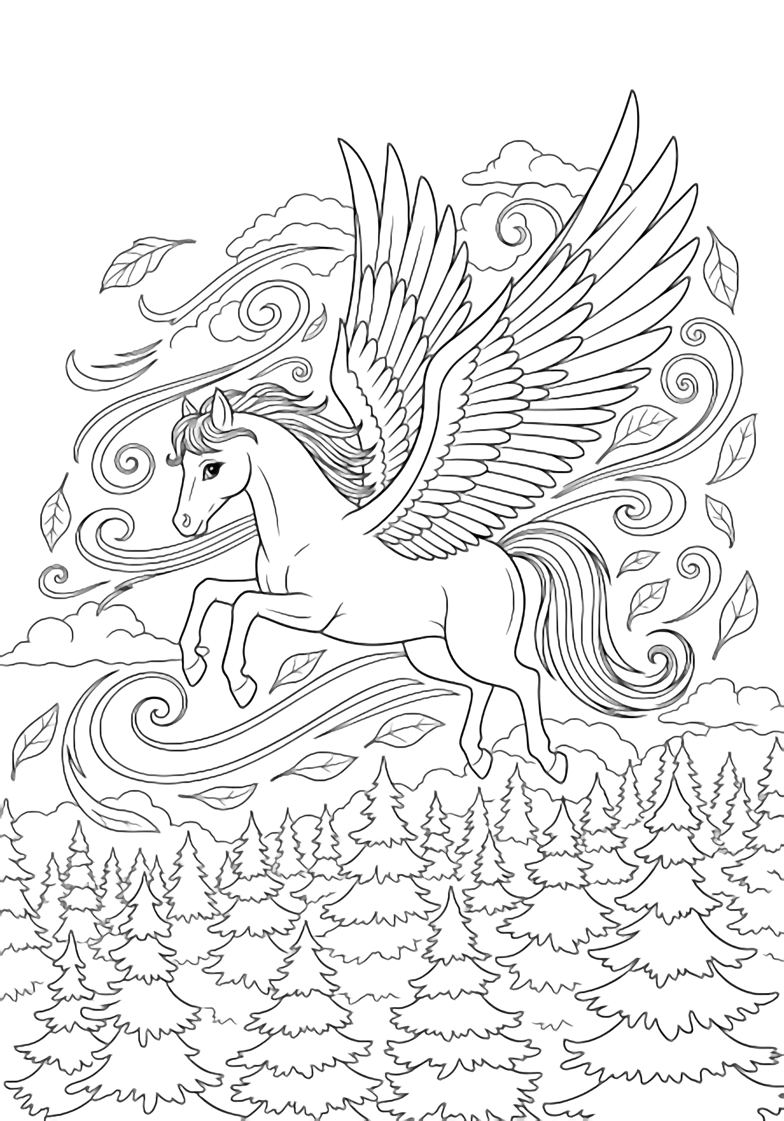 A pegasus pony glides above pine trees, wings wide, amid swirling winds and spiraling leaves. kleurplaat