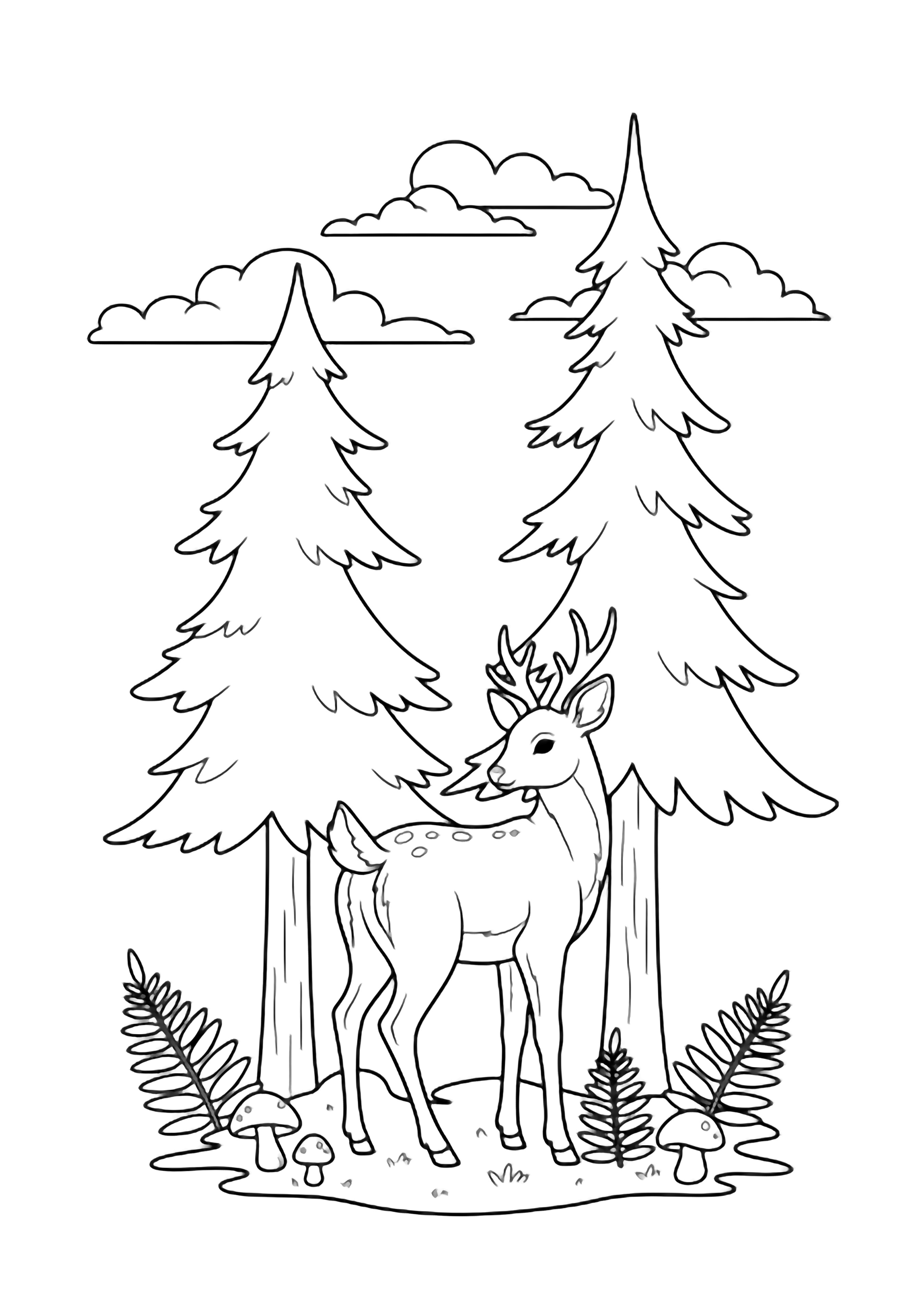 A deer glances back between two tall pines, surrounded by ferns, mushrooms, and drifting clouds. kleurplaat